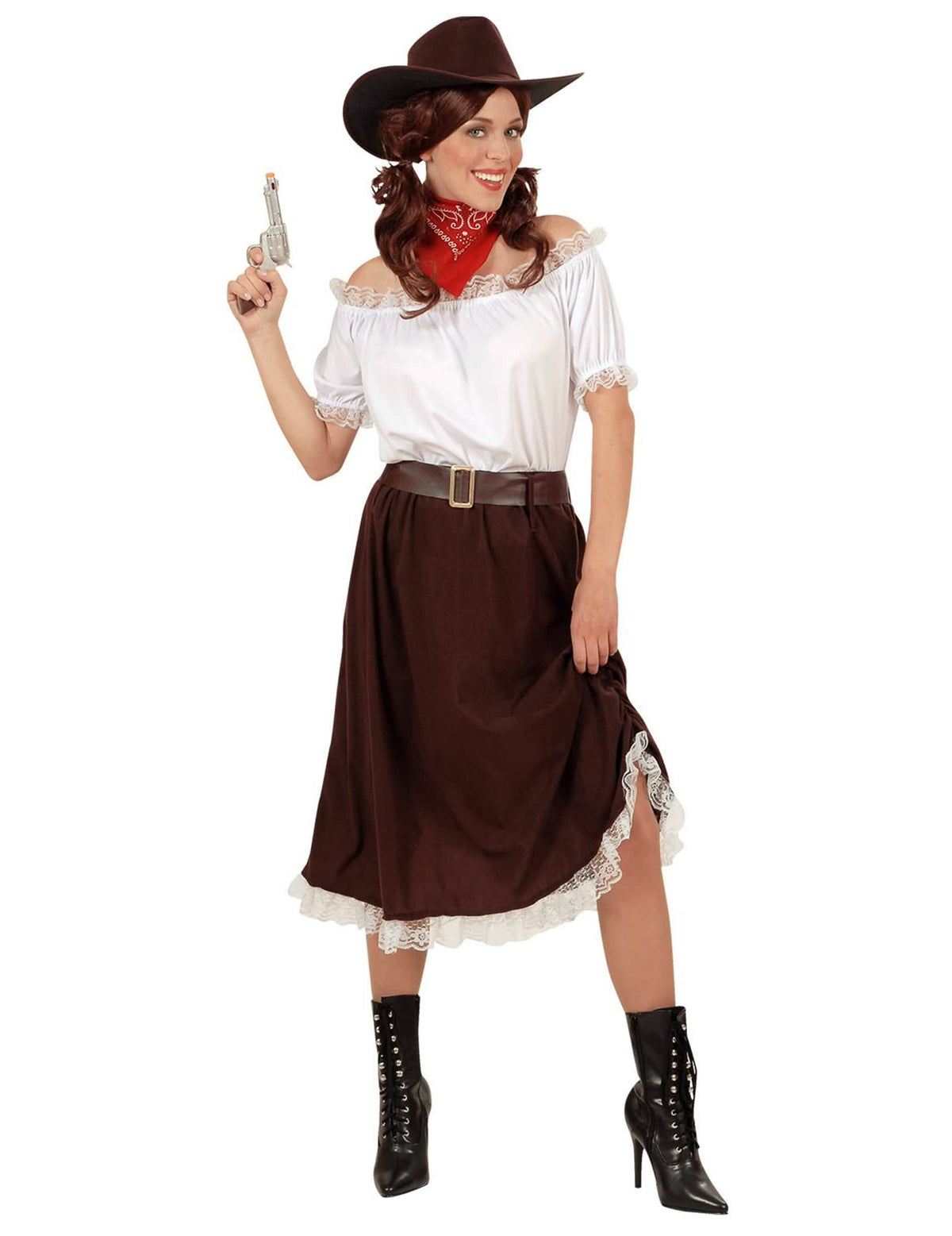 Fato de cowgirl para mulher branco e castanho com chapéu e bandana vermelho