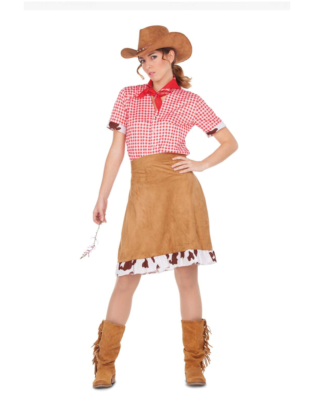 Déguisement cowgirl de l'Ouest pour femme marron et rouge avec chemise à carreaux