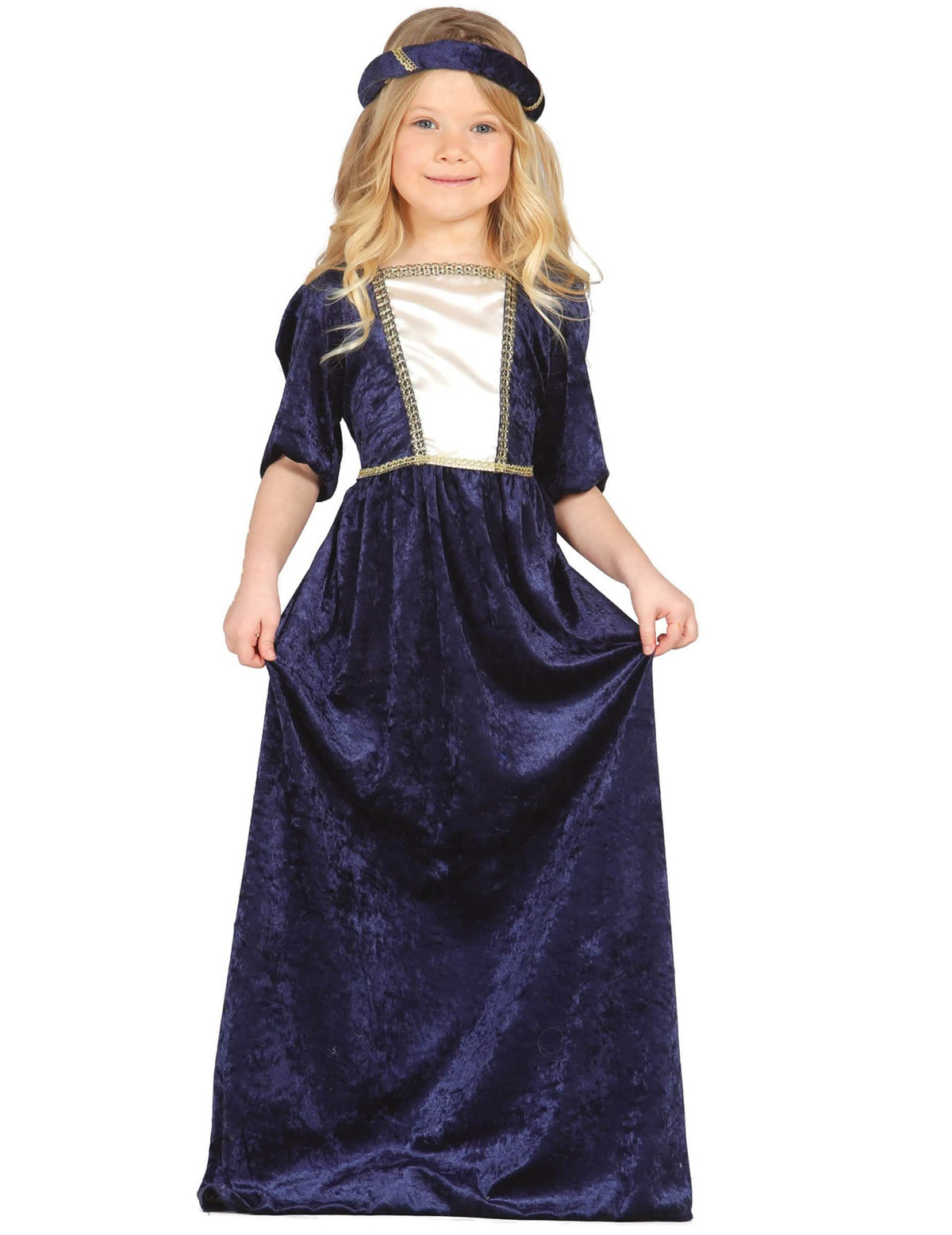 Fato de dama medieval para menina azul com bandolete e detalhes dourados
