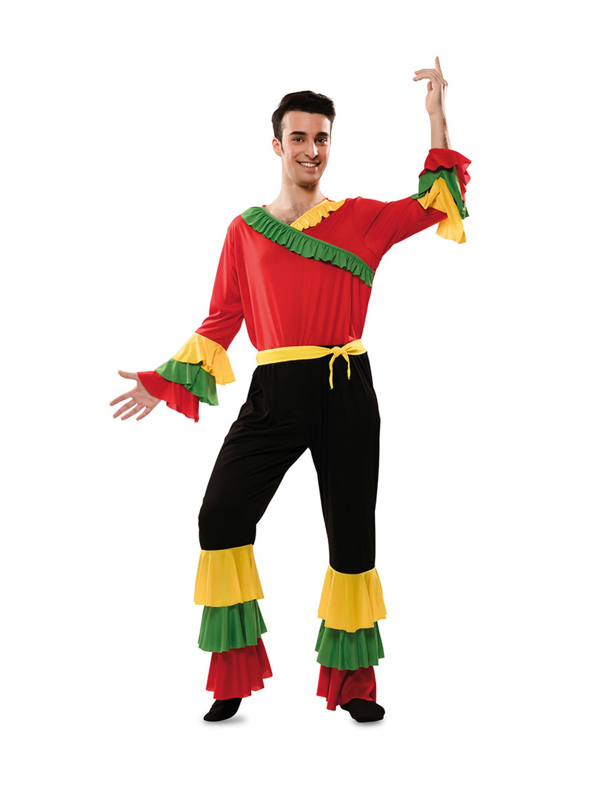 Déguisement de danseur de rumba pour homme rouge, jaune, vert et noir avec volants