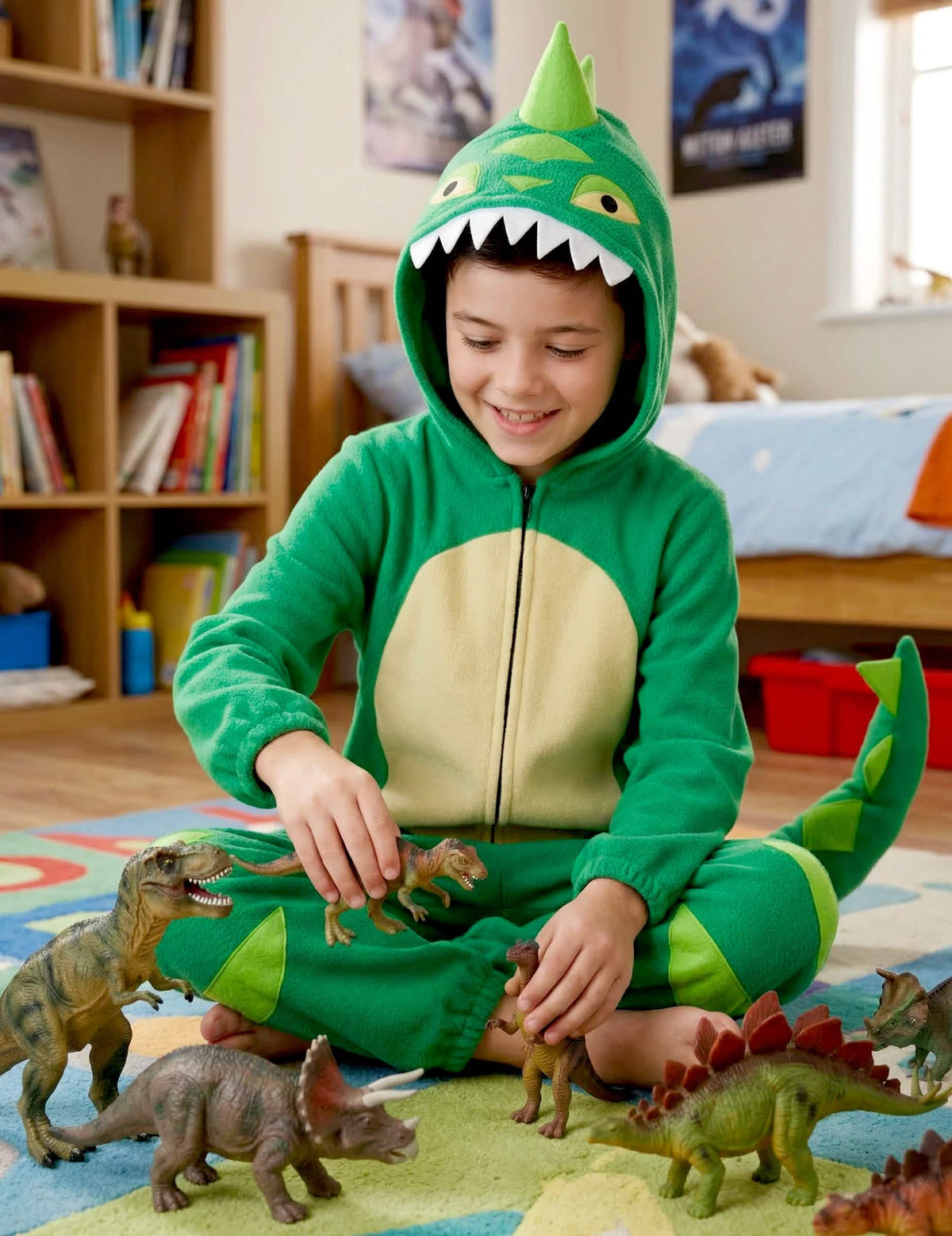 Vista sentado a brincar ao disfarce de dinossauro para criança