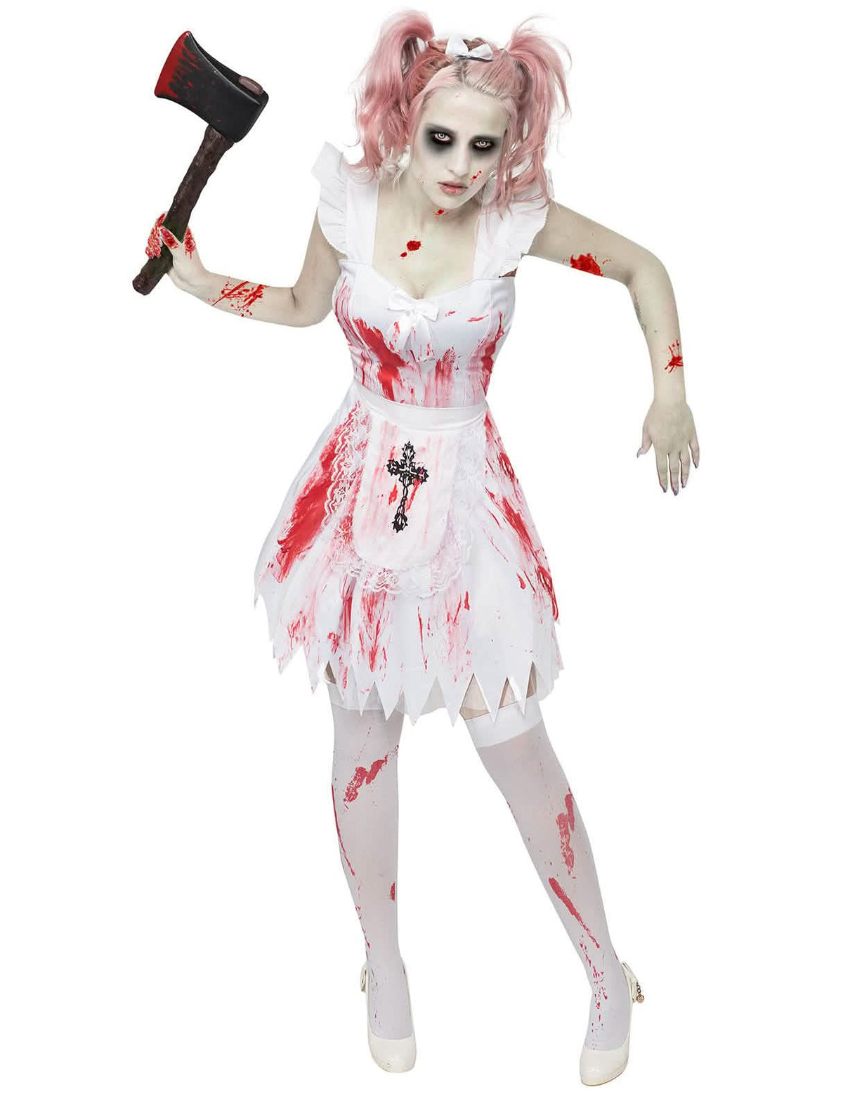 Fato de zombie de dama de honor para mulher branco e ensanguentado
