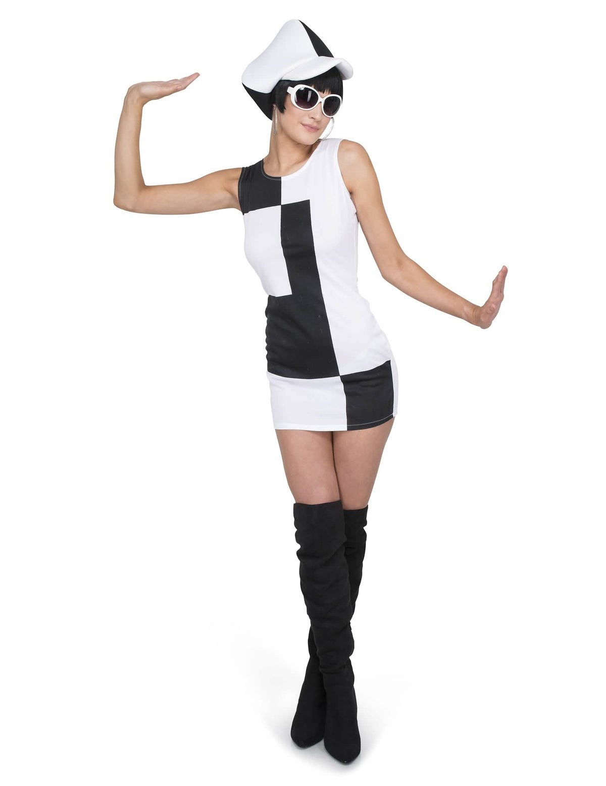 Déguisement disco bicolore pour femme noir et blanc avec casquette