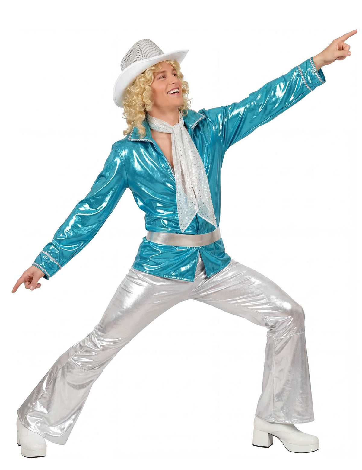 Fato disco para homem azul e prateado com calças brilhantes
