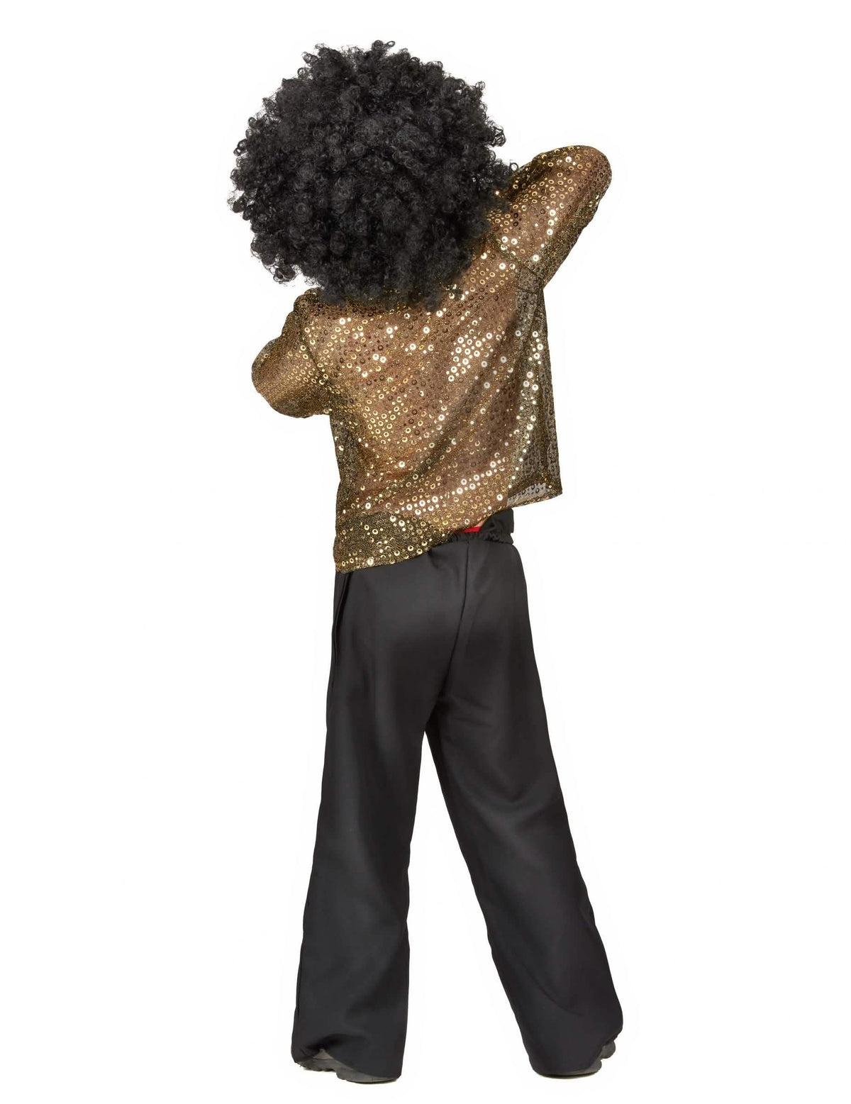 Vista de costas do fato de fantasia disco para menino com lantejoulas dourado