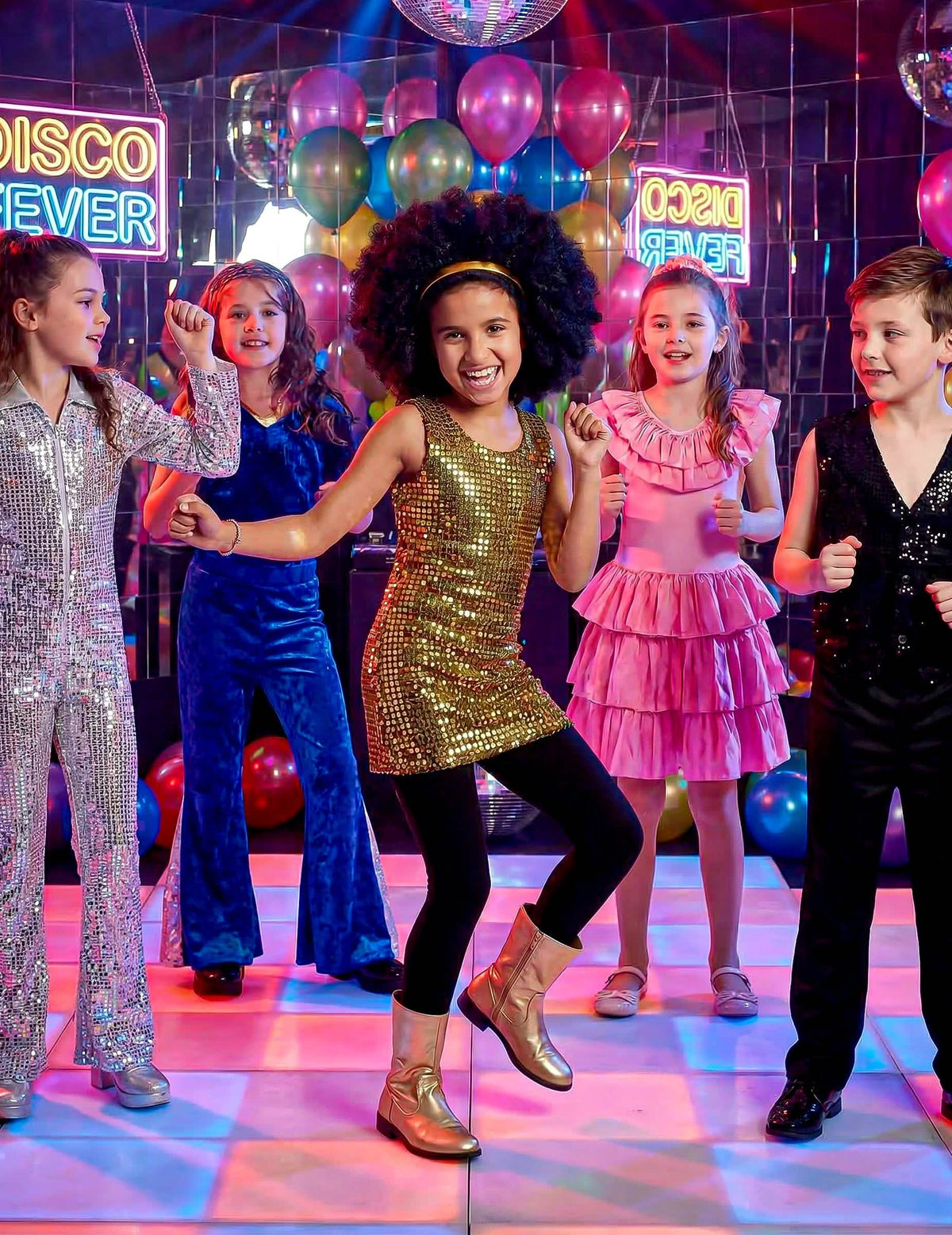 Mise em situação do disfarce disco lantejoulas para menina dourado