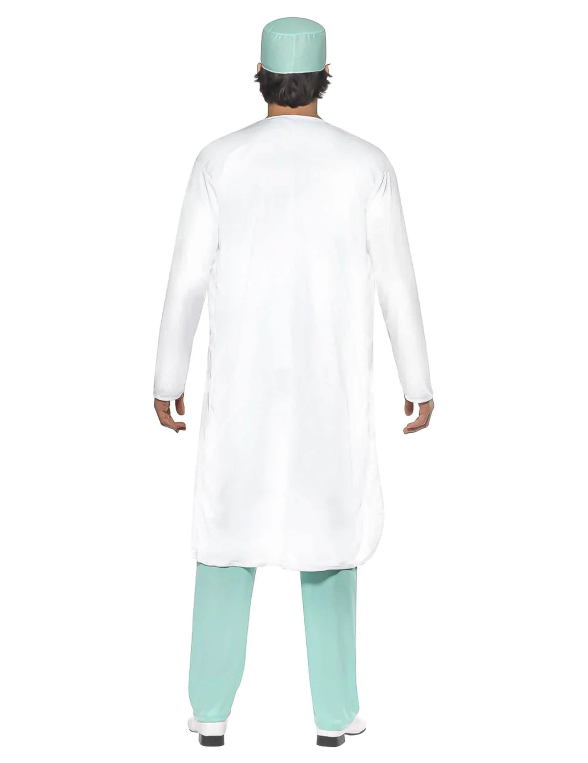 Fato de médico para homem branco e verde vista de costas