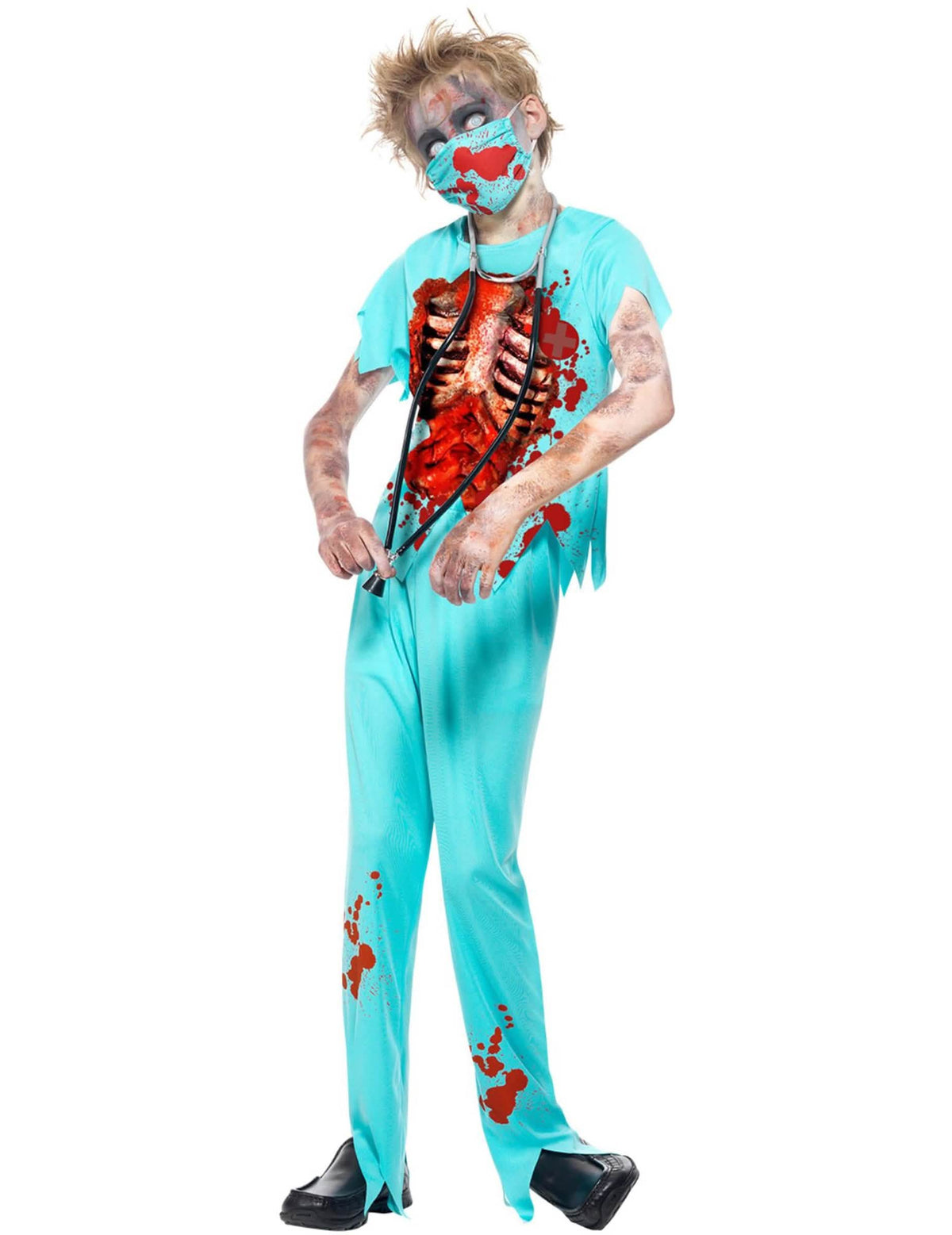 Vista frontal do disfarce de médico zombie para criança