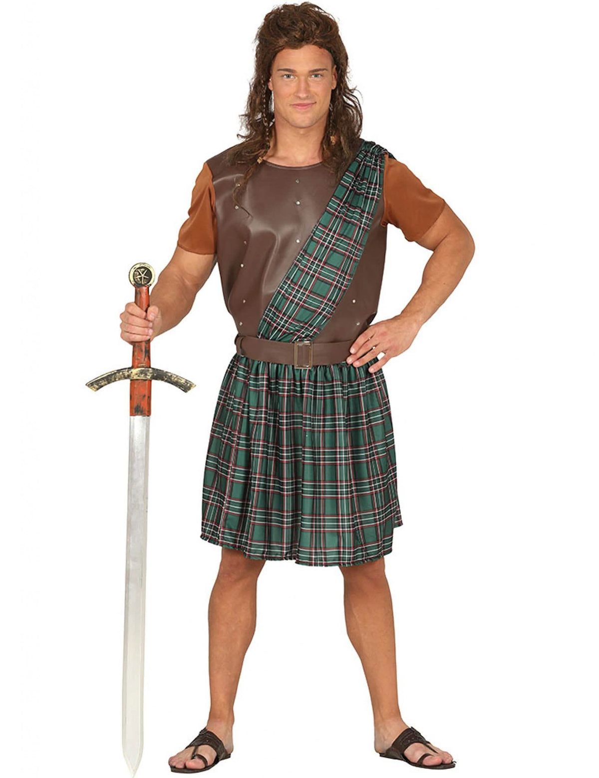 Fato escocês para homem verde e castanho com kilt aos quadrados