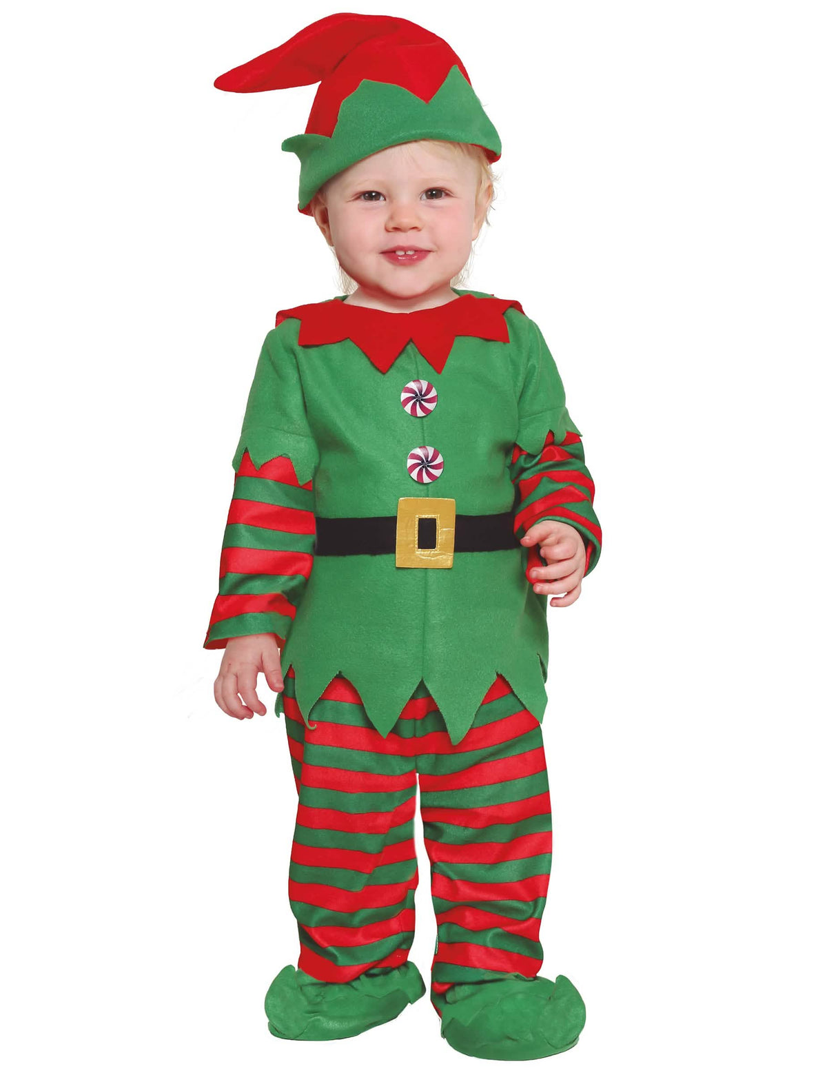 Déguisamento de elfo de natal para bebé verde e vermelho com calças às riscas e gorro