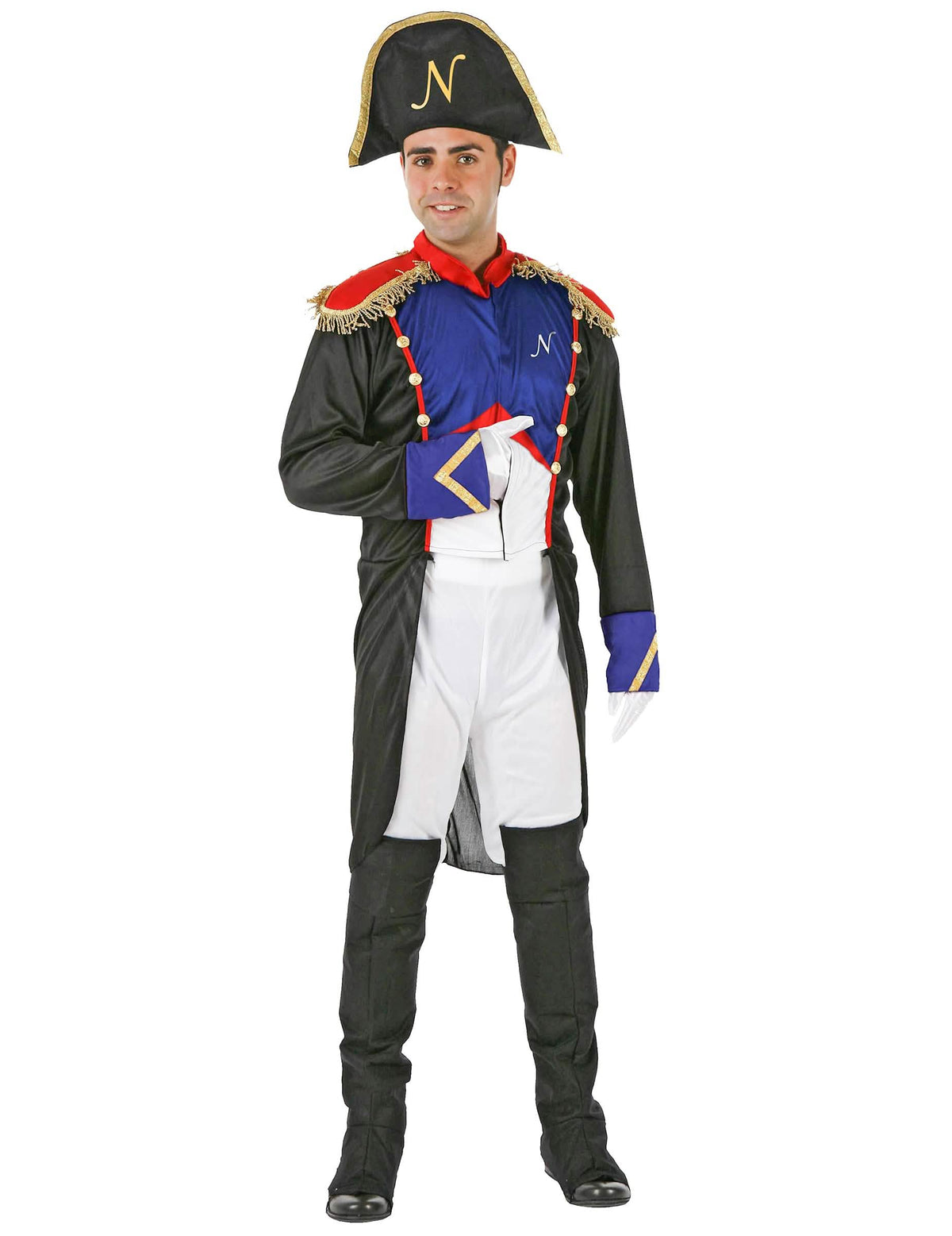 Fato de imperador francês para homem preto azul e vermelho com bicorne
