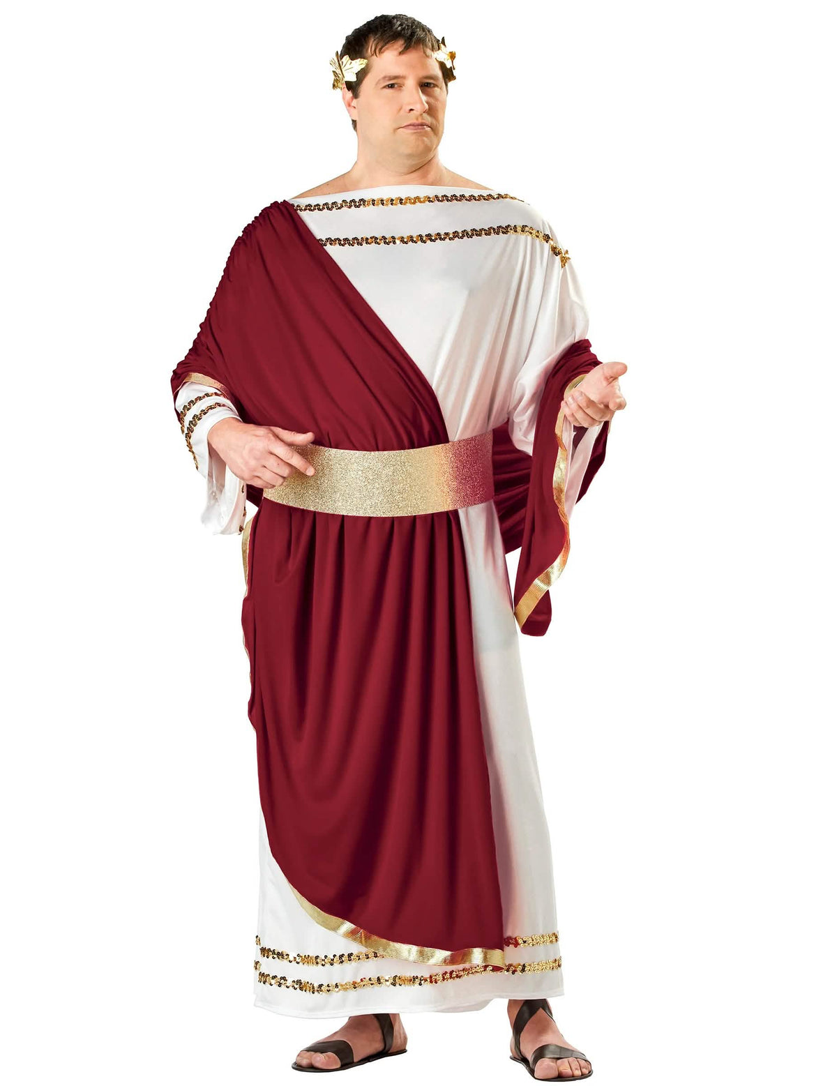 Fato de imperador romano para homem branco e bordeaux com cinto dourado
