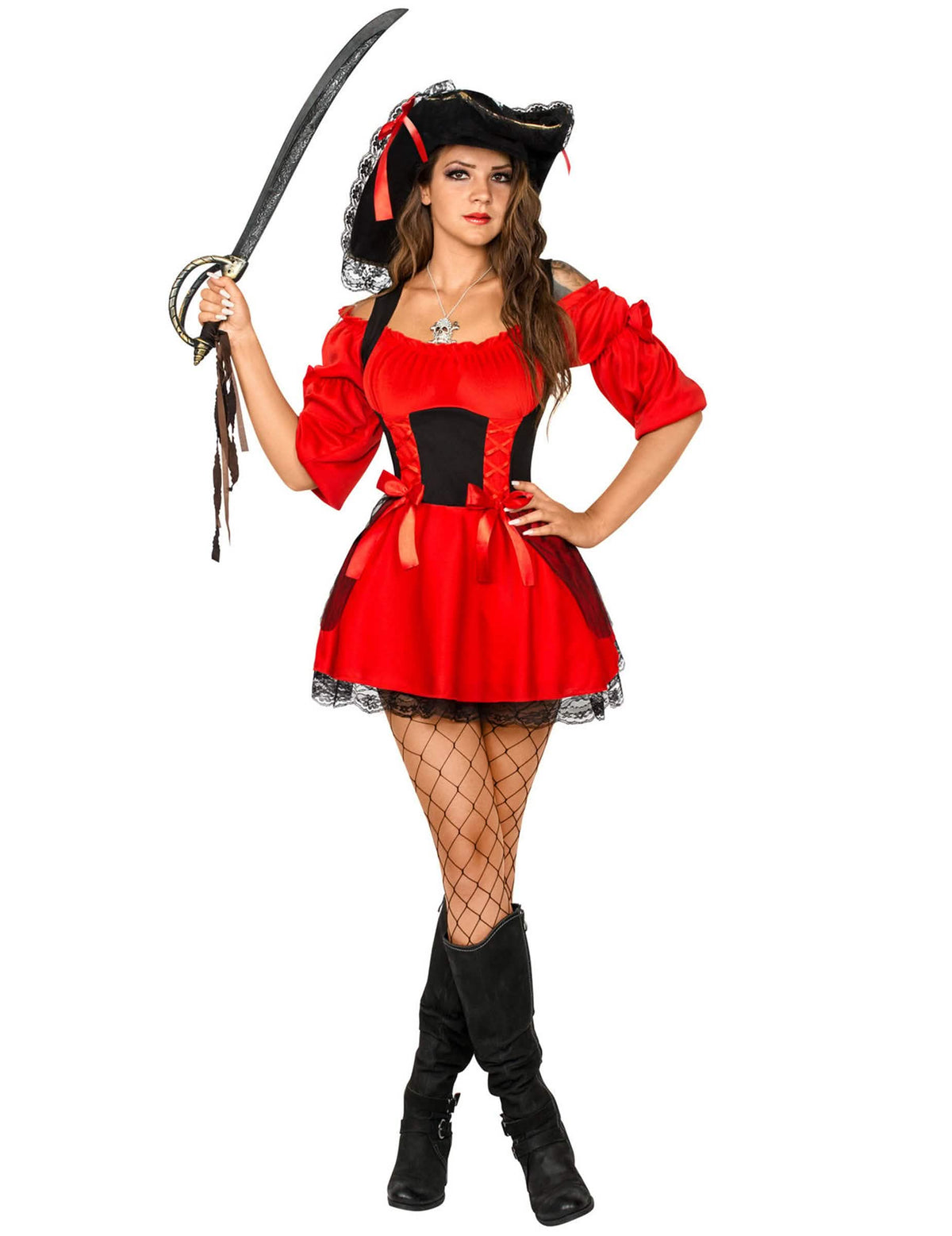 Fato de pirata sexy para mulher vermelho e preto com chapéu
