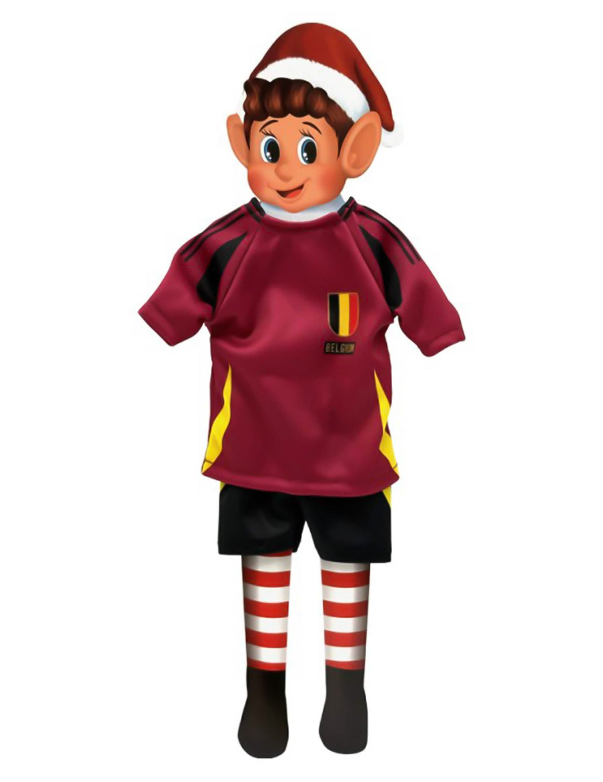 Fato de futebol da equipa da bélgica para boneca duende traquina vermelho e preto com emblema