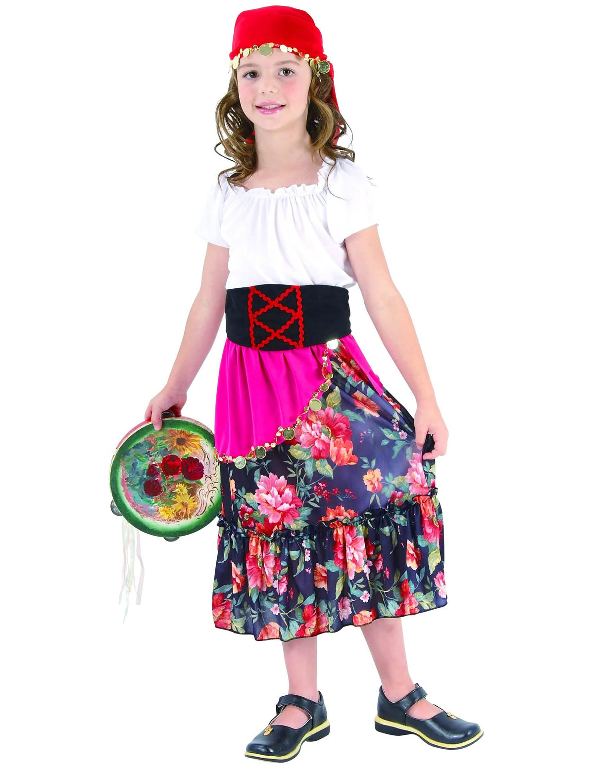 Déguisement gitane pour enfant multicolore avec jupe à fleurs et bandana rouge