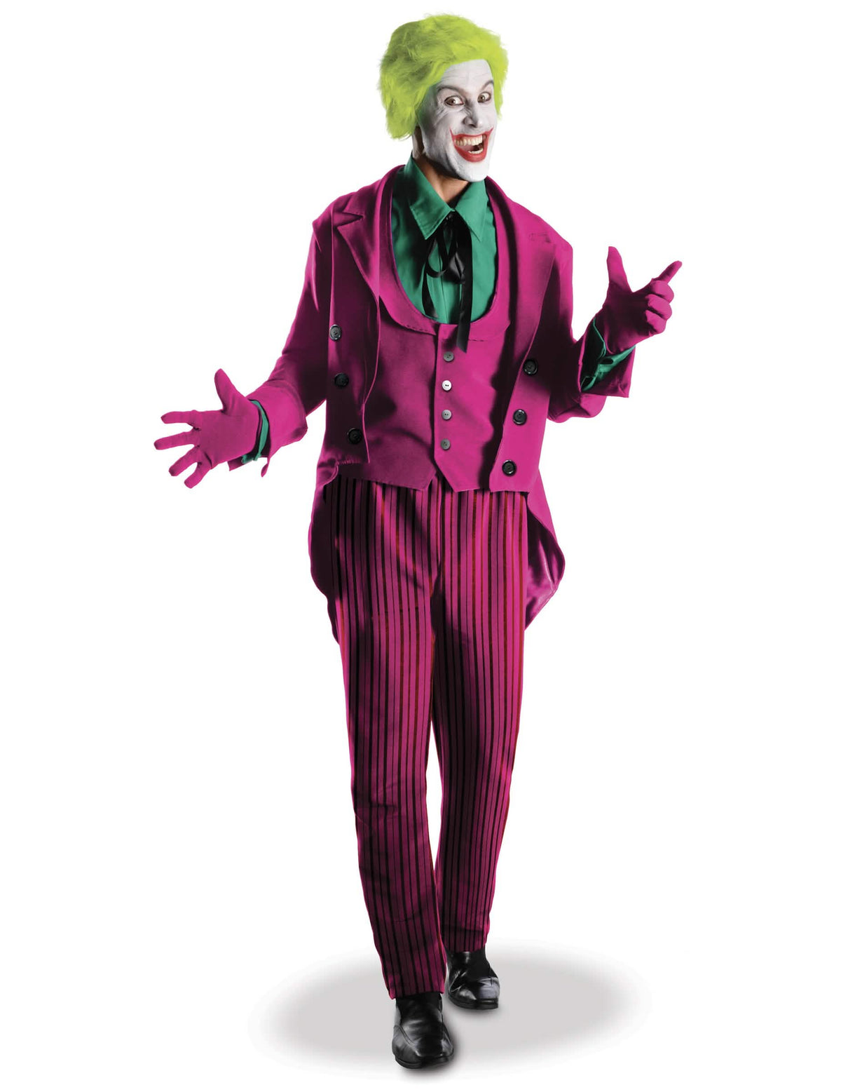 Fato de Joker de grande herança para adulto roxo e verde com calças às riscas