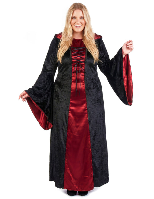 Fato gótico plus size com capuz vermelho e preto para mulher