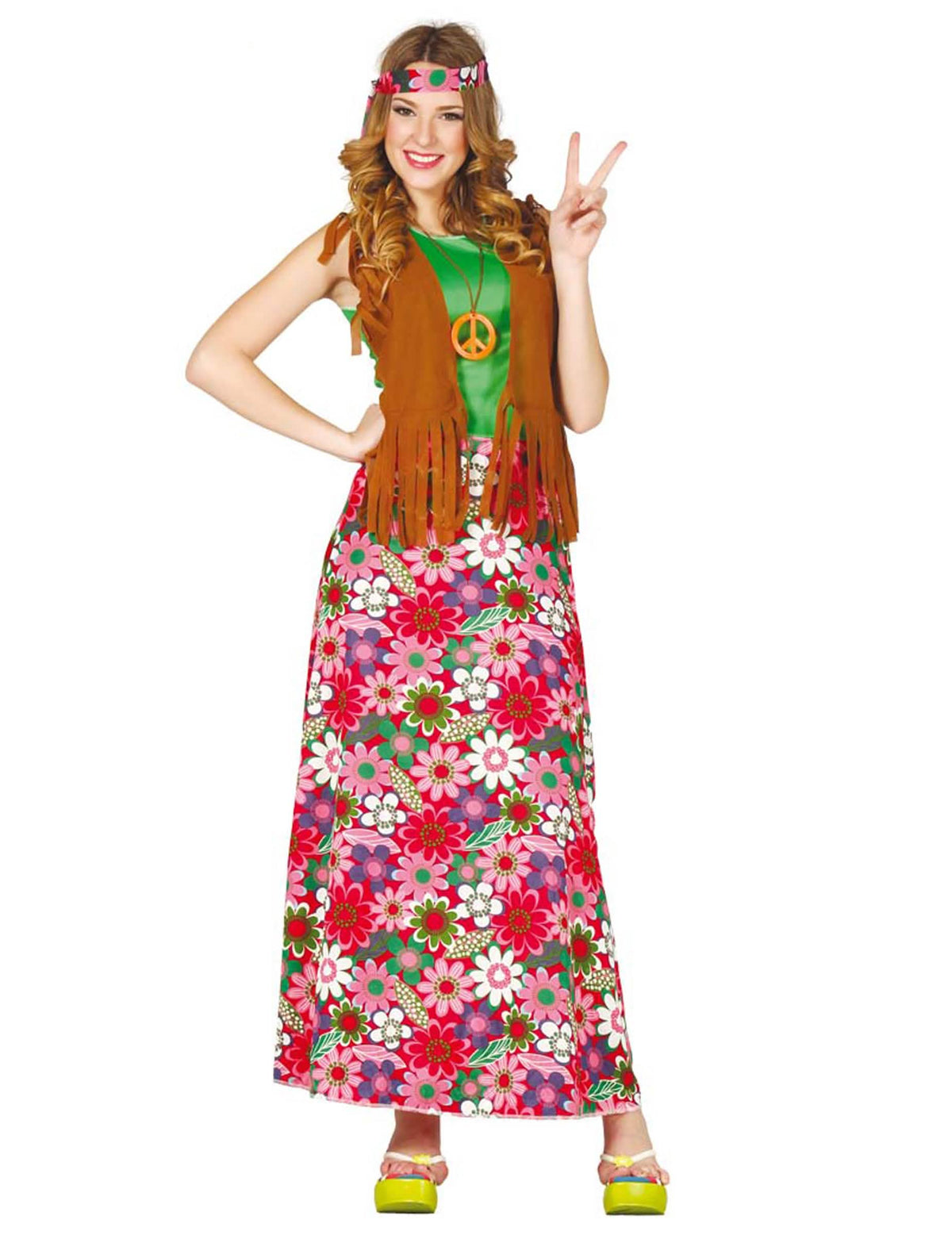 Fato happy hippie para mulher com saia comprida às flores e colete com franjas castanho