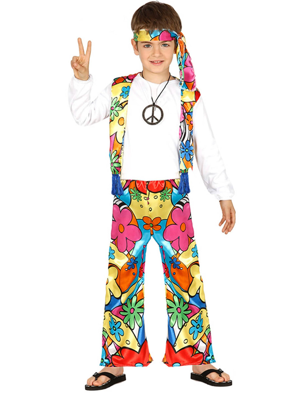 Fato hippie de flores grandes para criança multicores com colete e bandolete