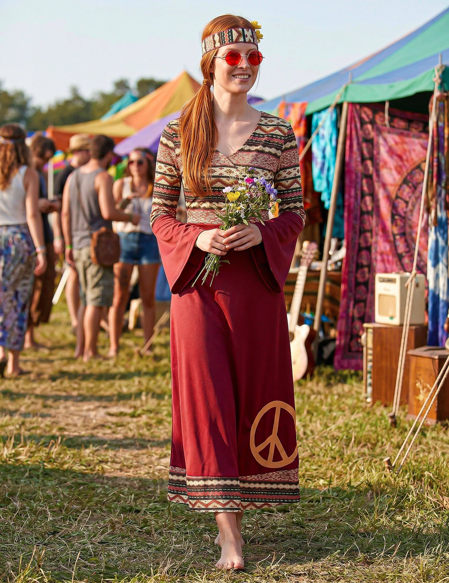 Disfarce de Vestido hippie bordeaux para mulher