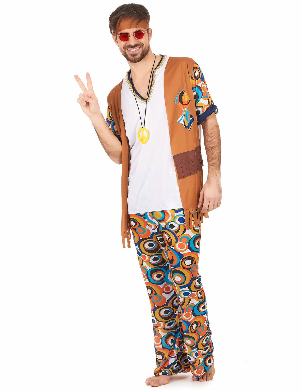 Vista geral do disfarce hippie com motivos redondos para homem