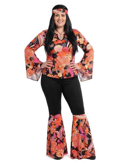Disfarce hippie preto e colorido mulher