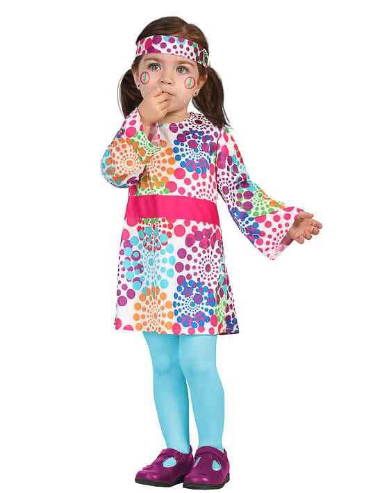 Disfarce hippie vestido para bebé multicores às bolinhas com bandolete