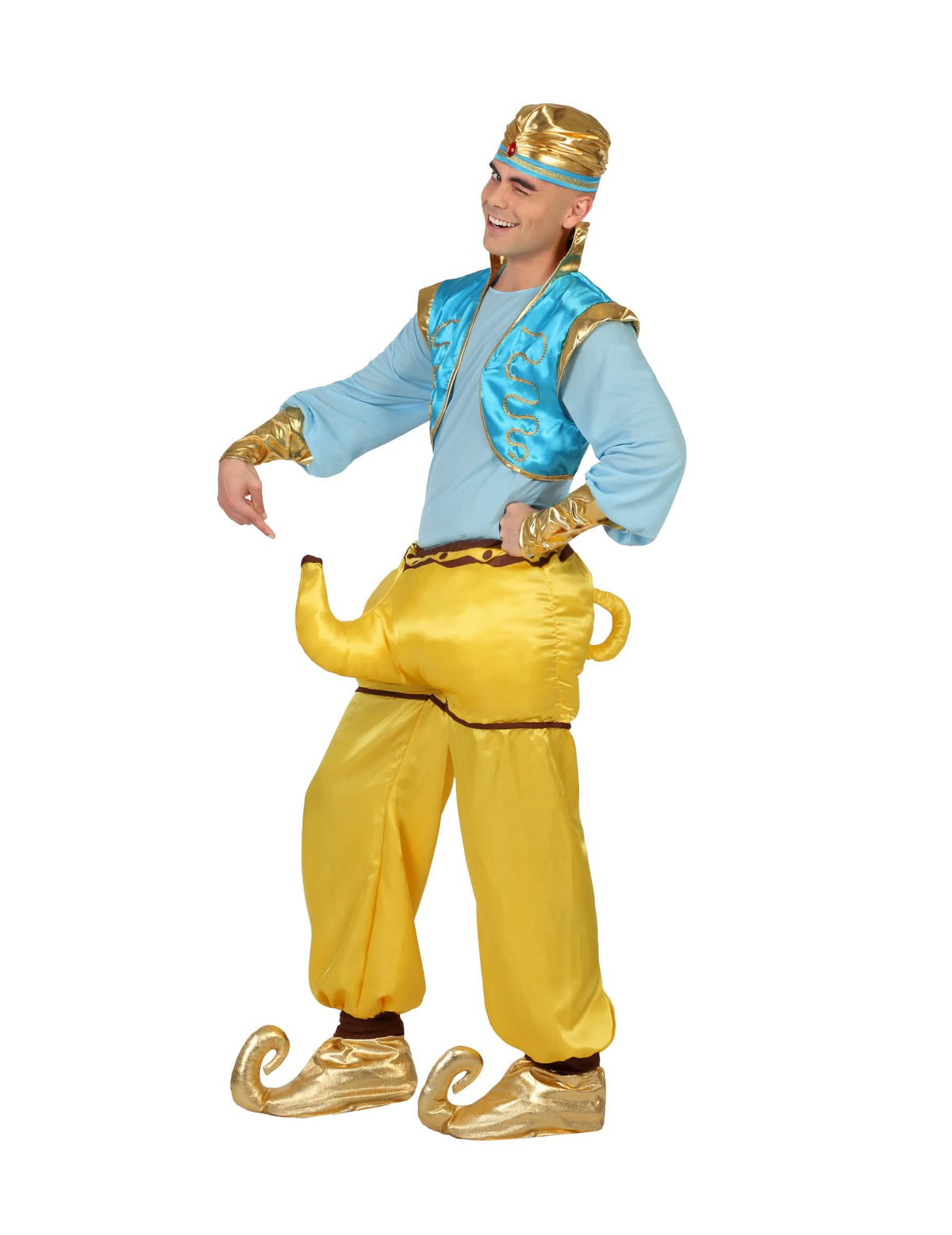 Fato de génio humorístico adulto azul e amarelo com calças em forma de lâmpada mágica