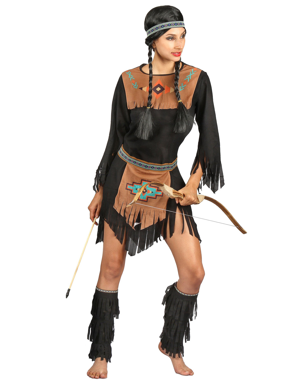 Déguisement indienne pour femme noir et marron avec franges et bandeau