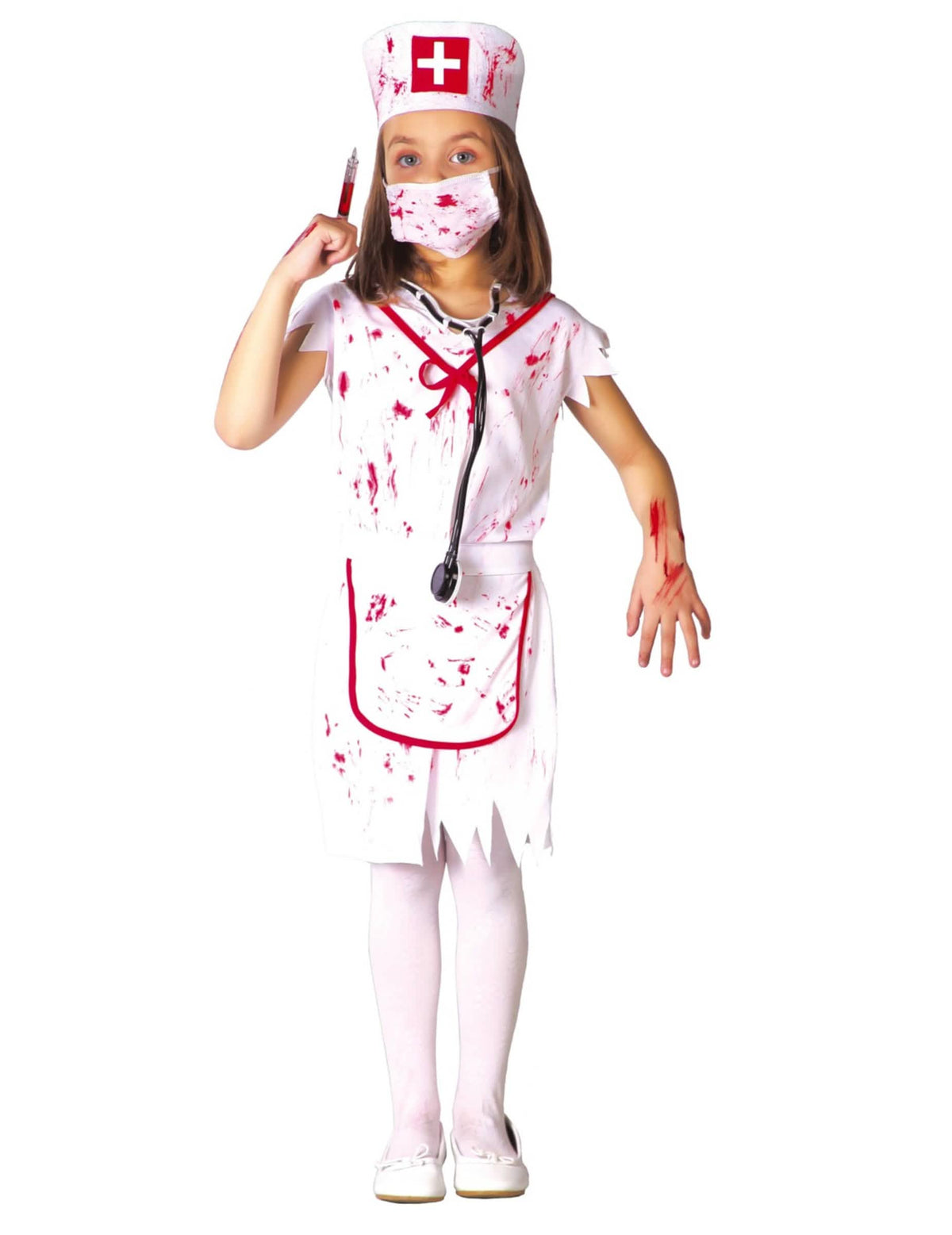 Fato de enfermeira zombie para menina branca e ensanguentada com máscara e toucado