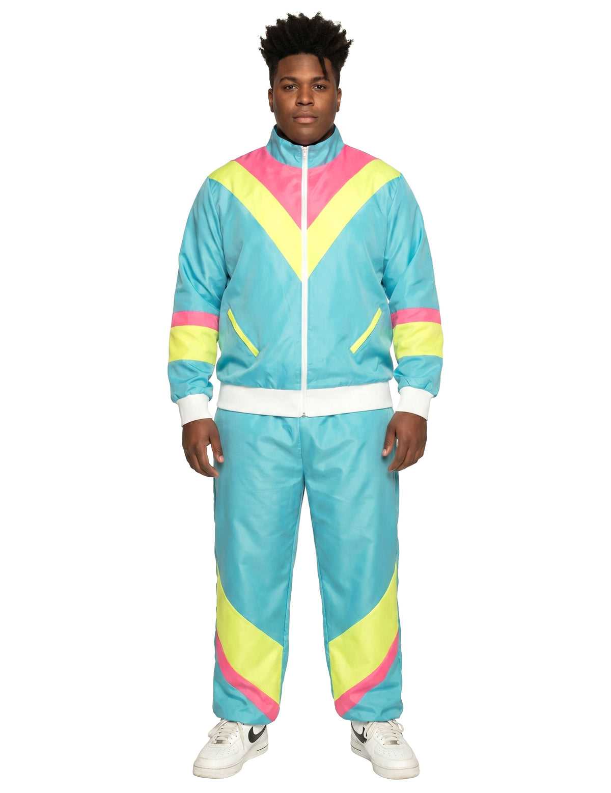 Disfarce de jogging retro azul néon para homem