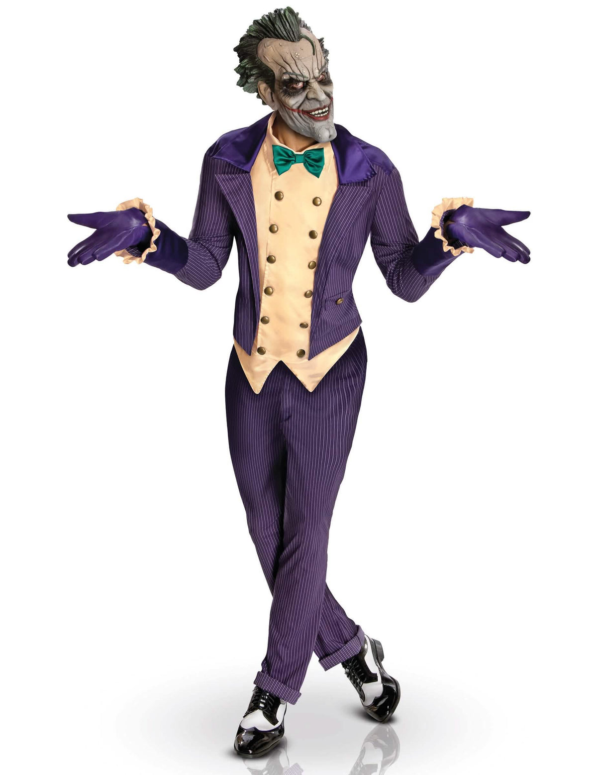 Déguisamento Joker™ Arkham City™ para adulto roxo às riscas com máscara e colete amarelo