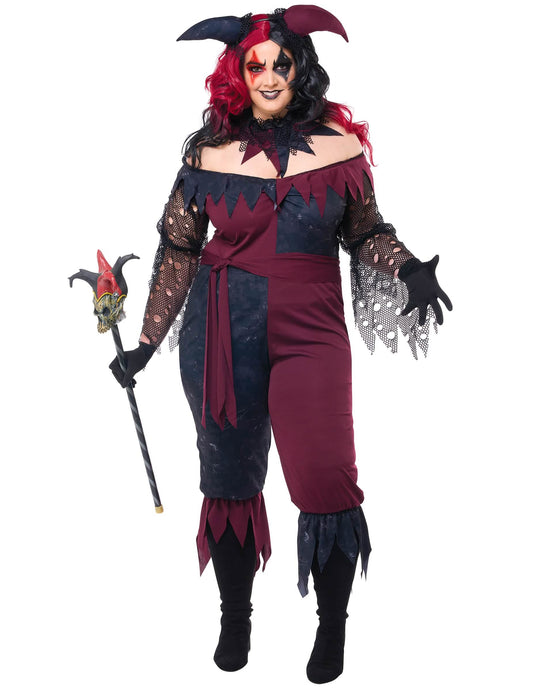 Vue de face avec sceptre du déguisement joker psychopathe luxe pour femme