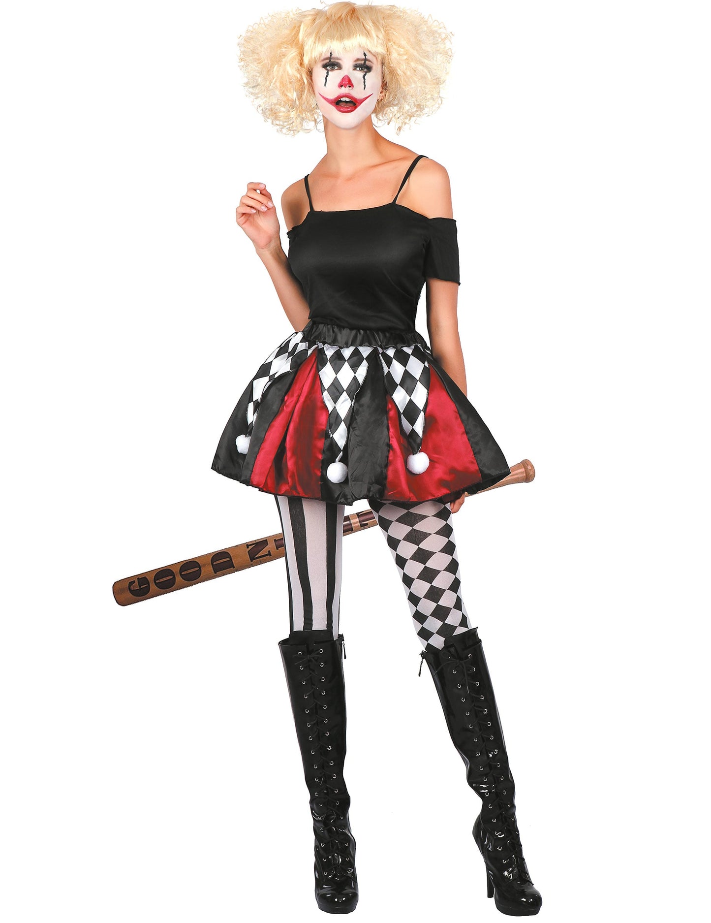 Déguisement jupe arlequin pour femme noir rouge et blanc à carreaux et rayures