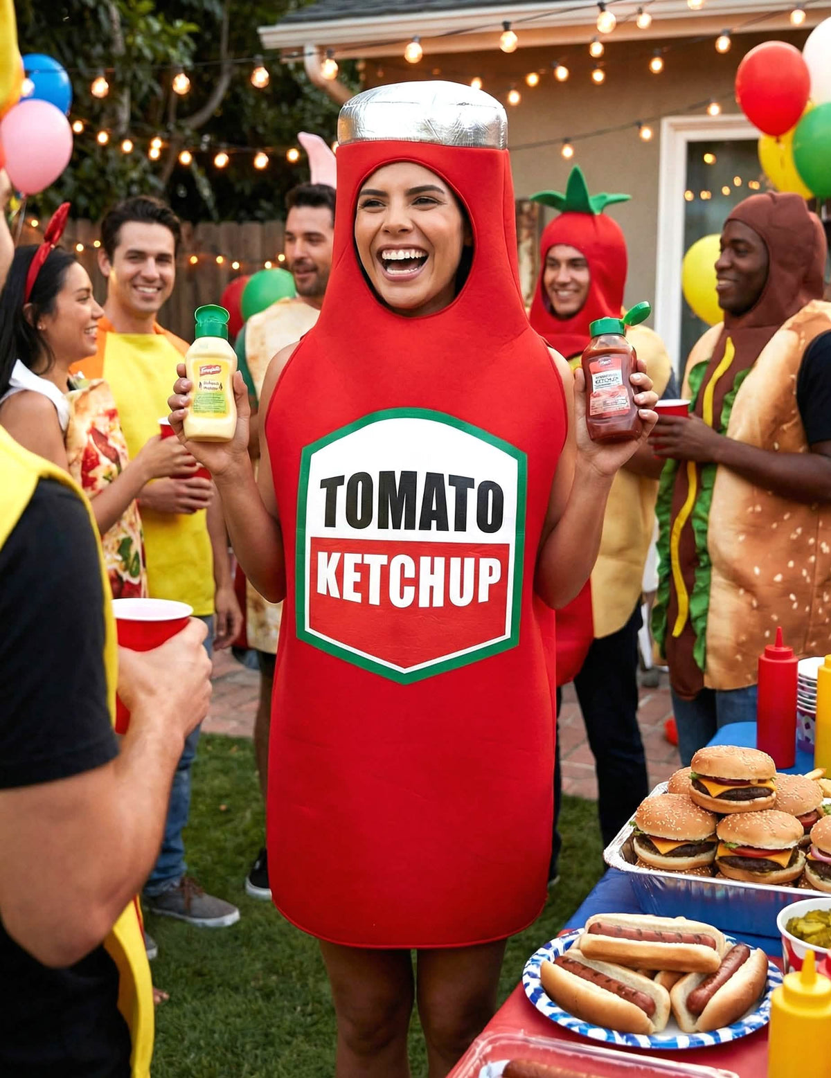 Representação festiva do disfarce de ketchup para adulto