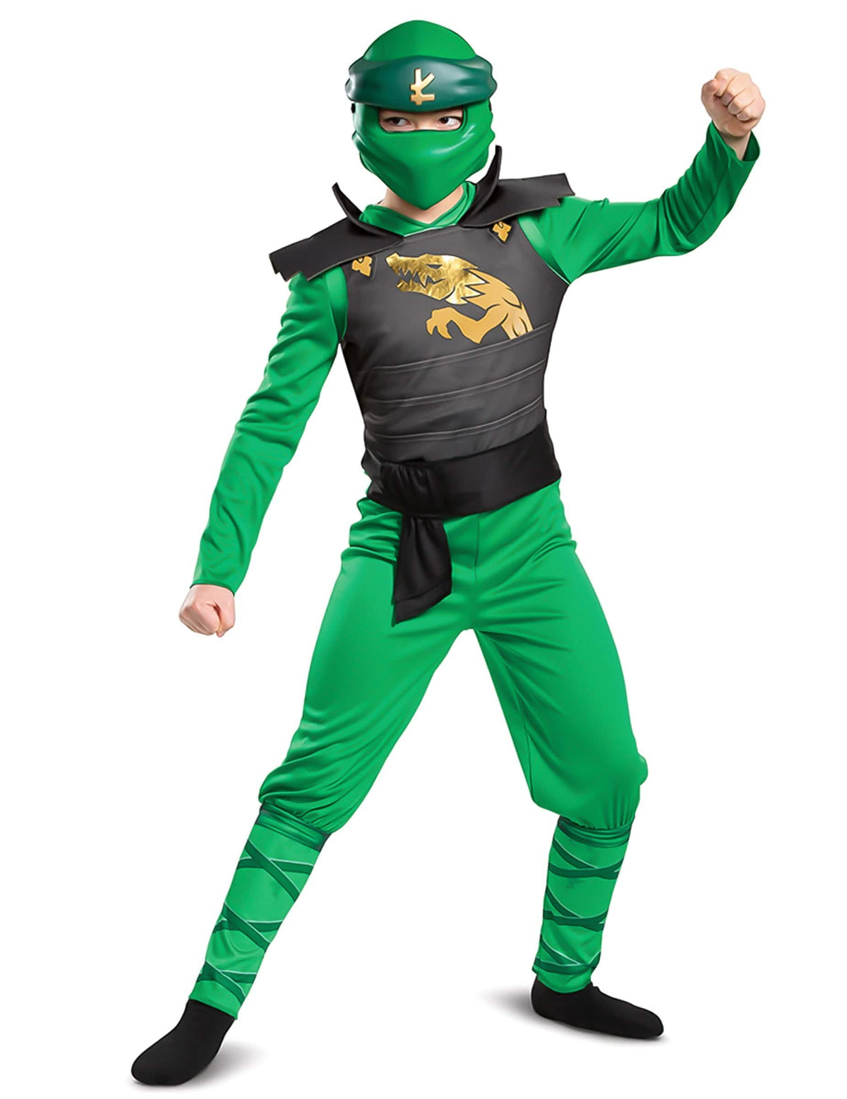Vue de face du costume vert du déguisement de couple LEGACY Ninjago pour enfants