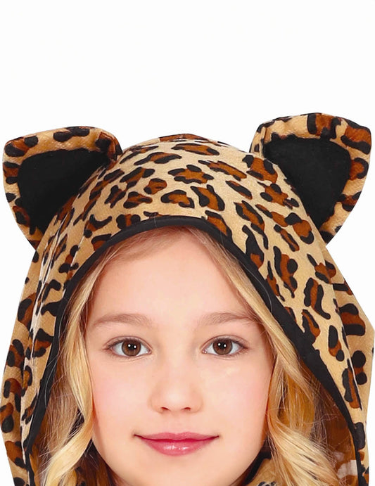 Détail de la capuche avec oreilles du déguisement léopard pour fille