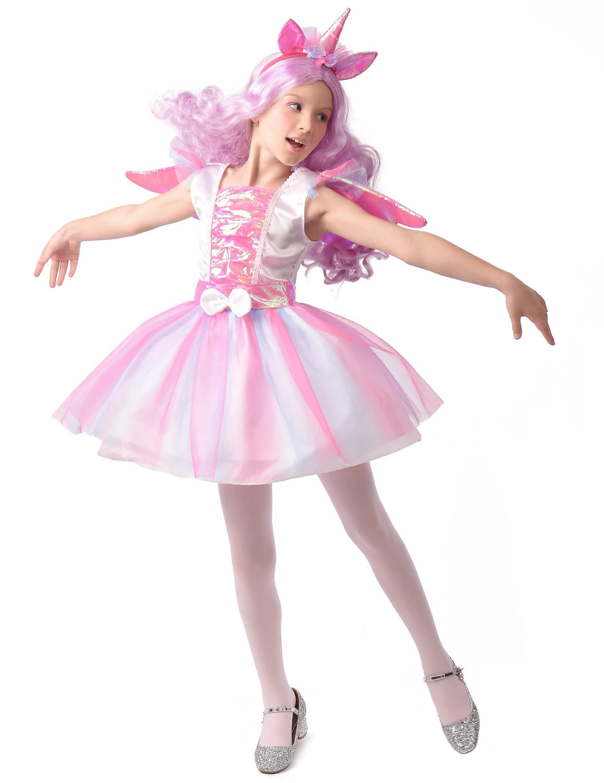 fato de unicórnio com tutu para menina cor de rosa e branco com bandolete com chifre