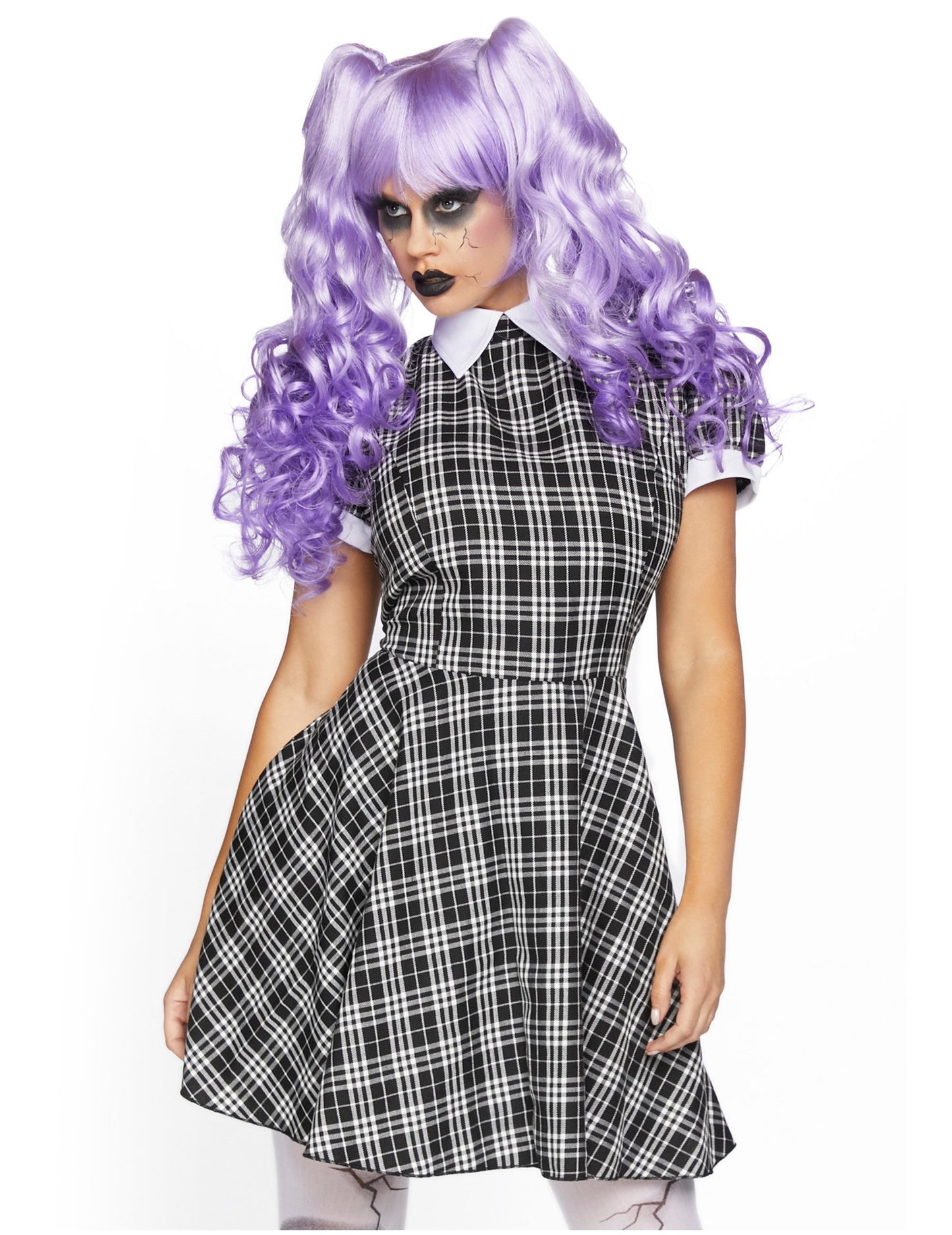 Détail du col blanc et de l'imprimé du déguisement babydoll luxe pour femme