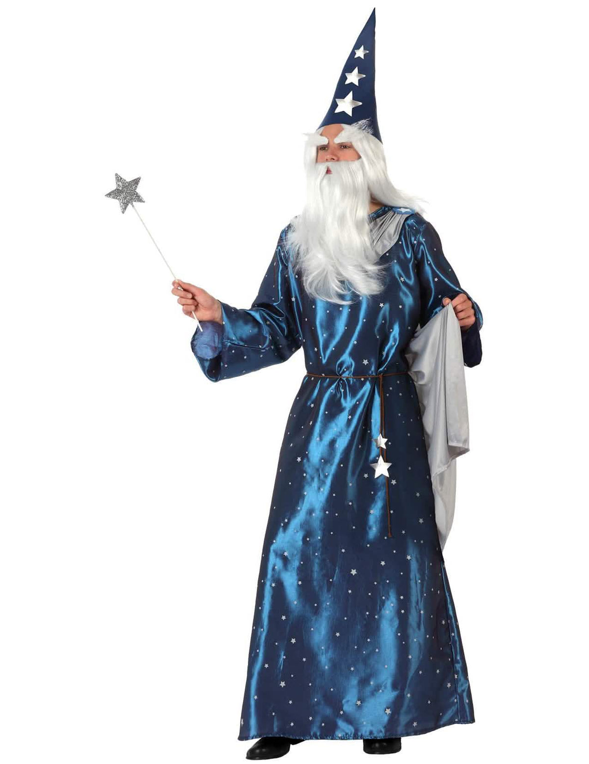 Fato de mago para homem azul com estrelas prateadas e chapéu pontiagudo