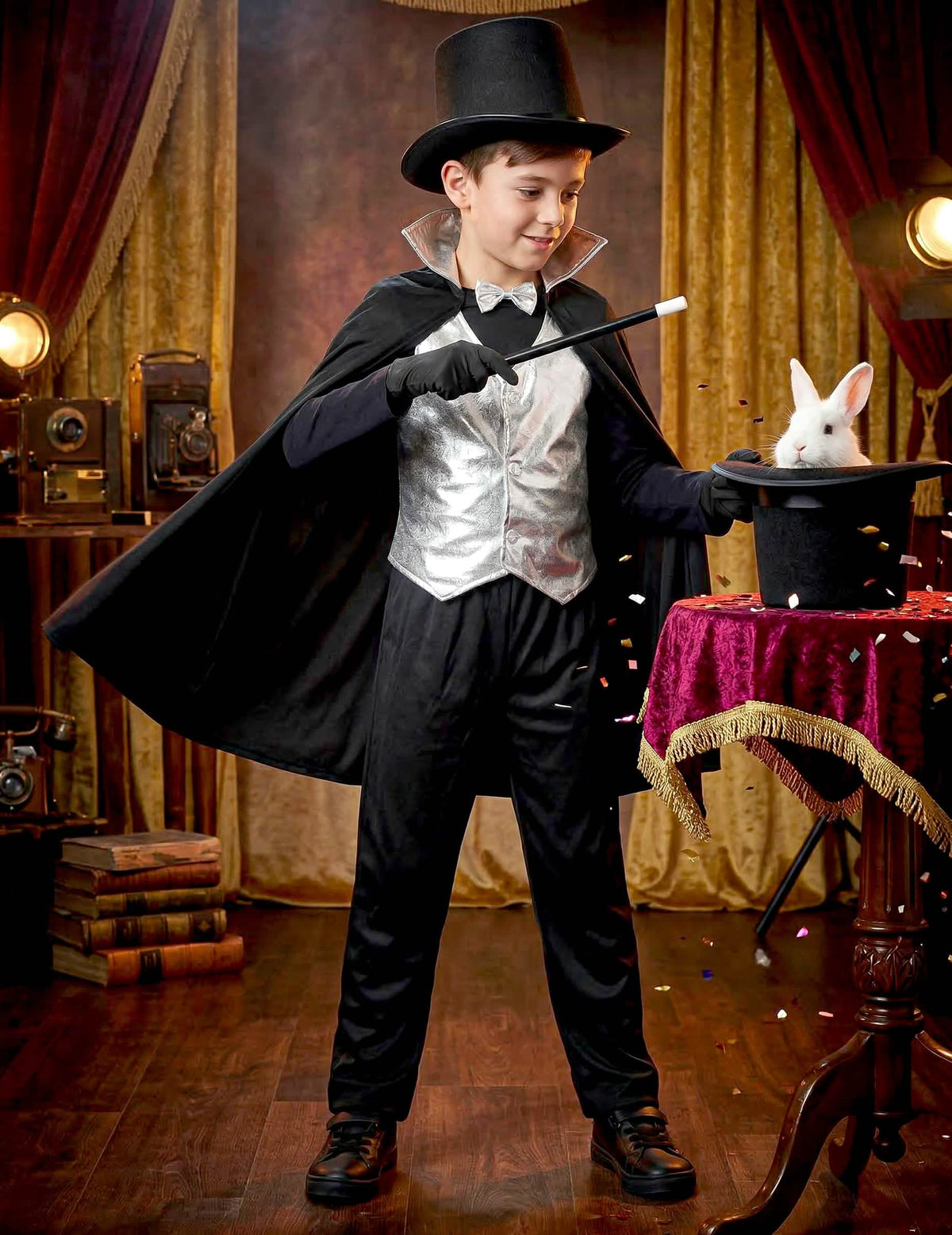 Cena de encenação do truque de magia com o coelho do disfarce de mago para menino