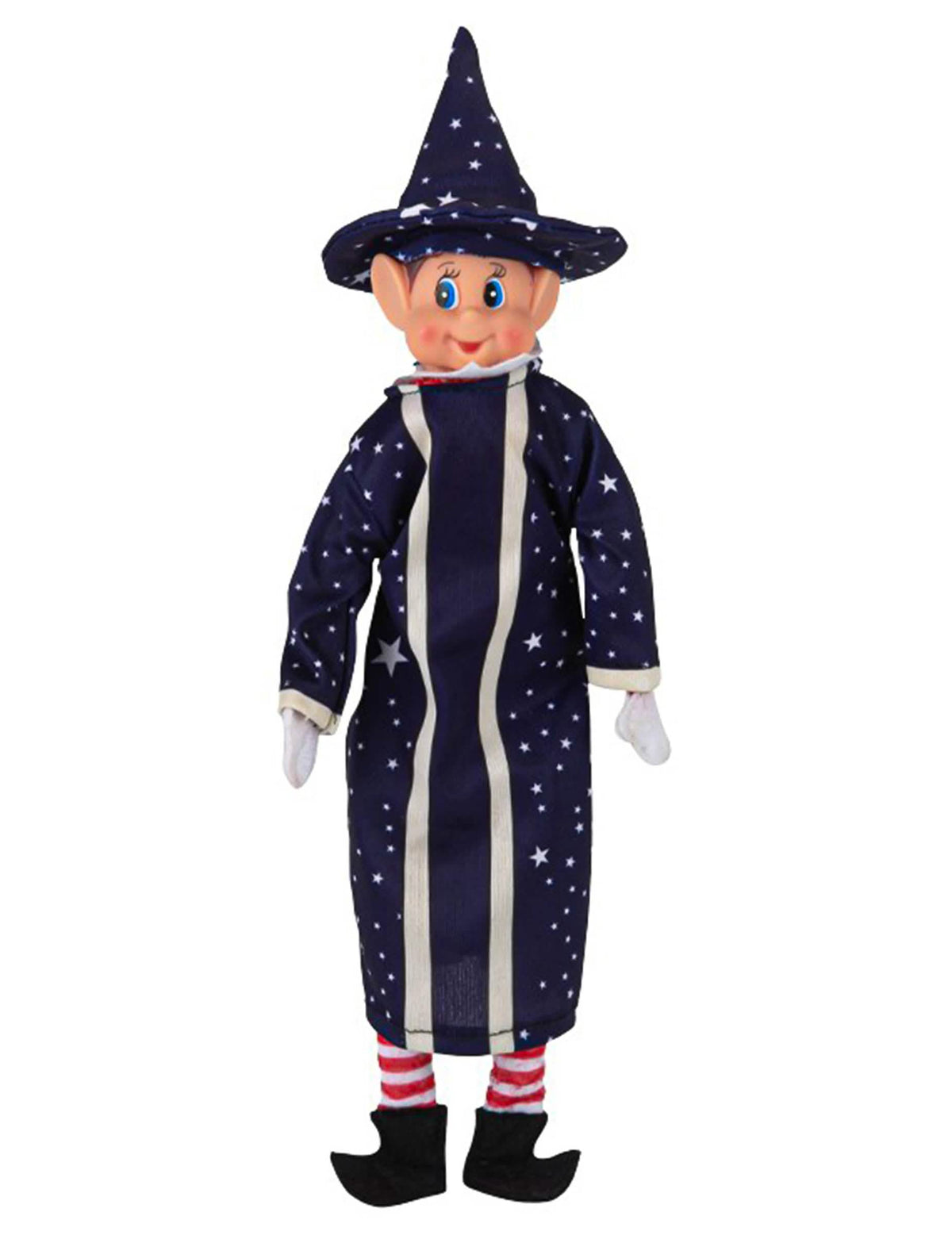 Fato de mago para boneca duende traquina azul-marinho com padrões de estrelas e chapéu pontiagudo