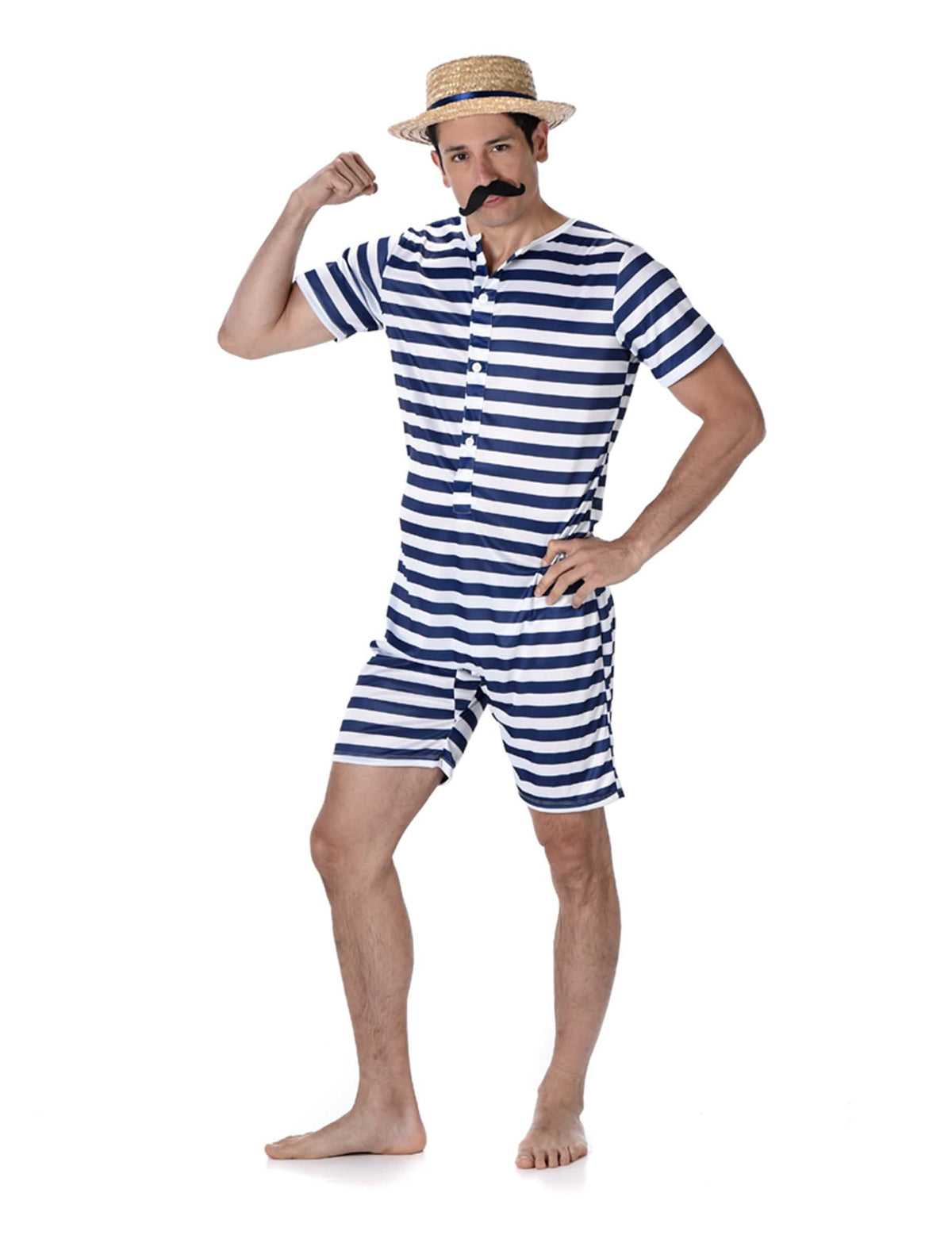 Fato de banho retrô para homem às riscas azul e branco