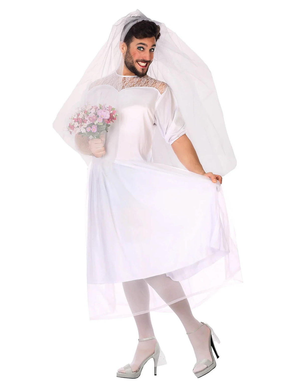 Fato de noiva humorístico para homem branco com véu