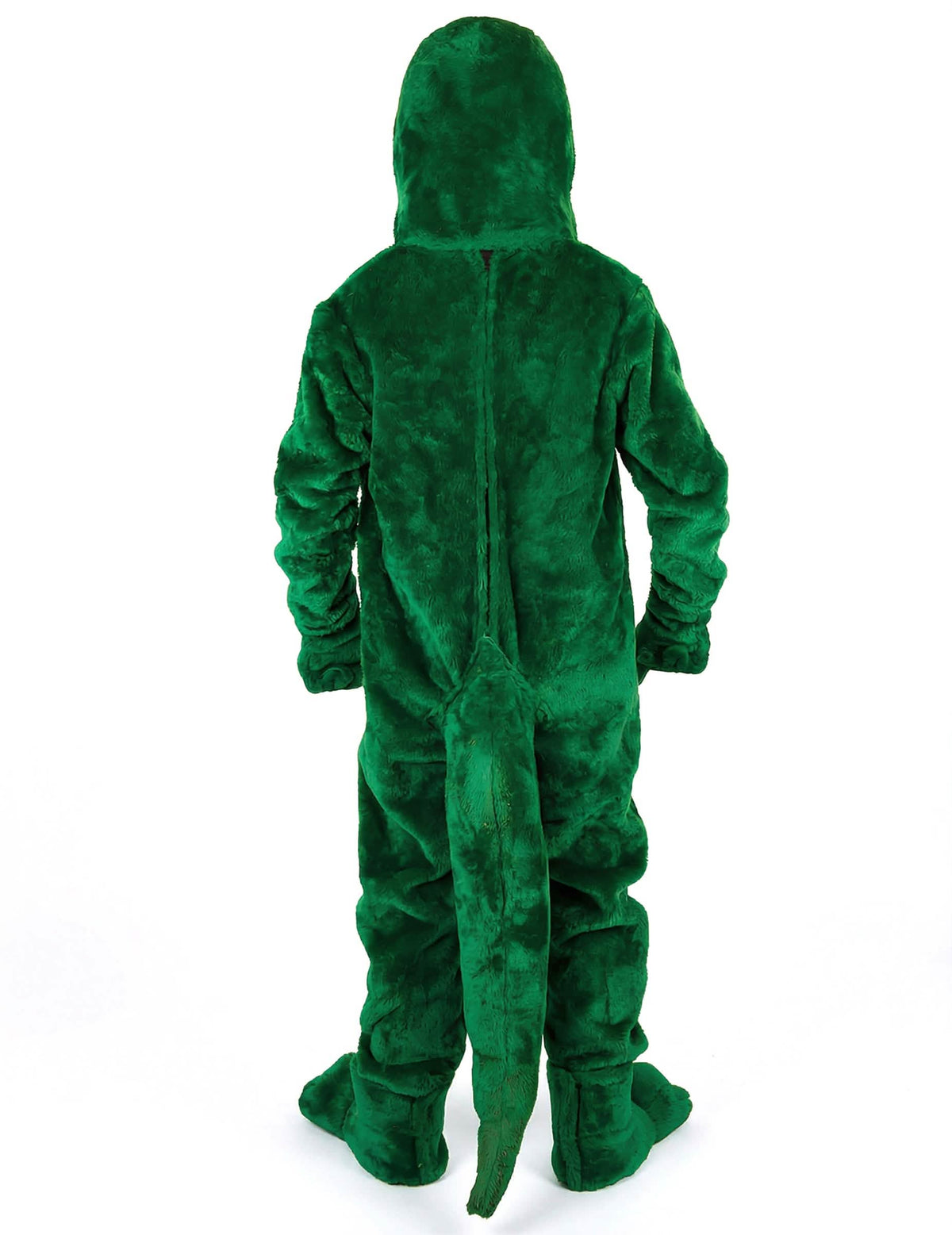 Fato de mascote dinossauro para adulto verde visto de costas