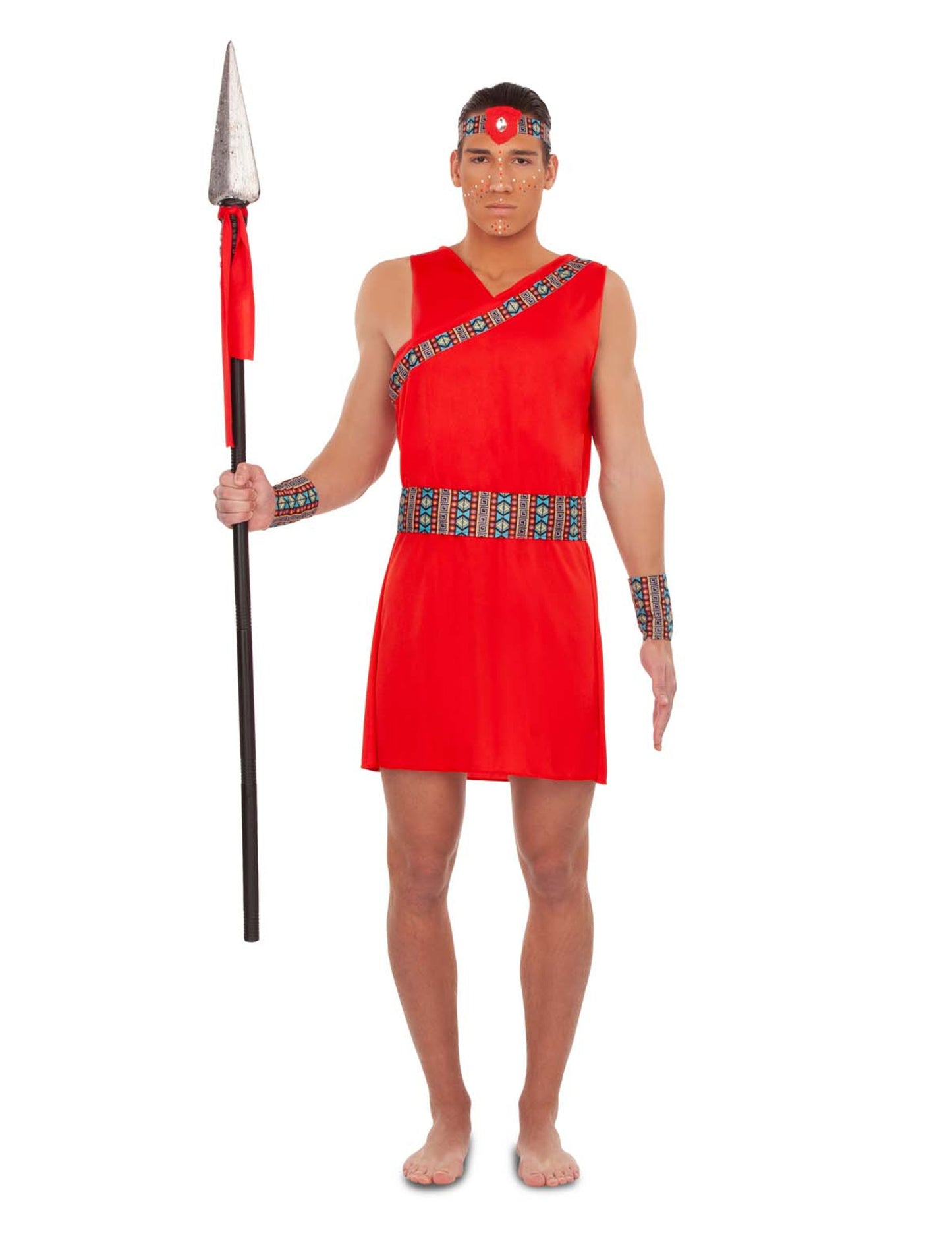 Déguisement Massaï pour homme rouge avec motifs géométriques et bandeau