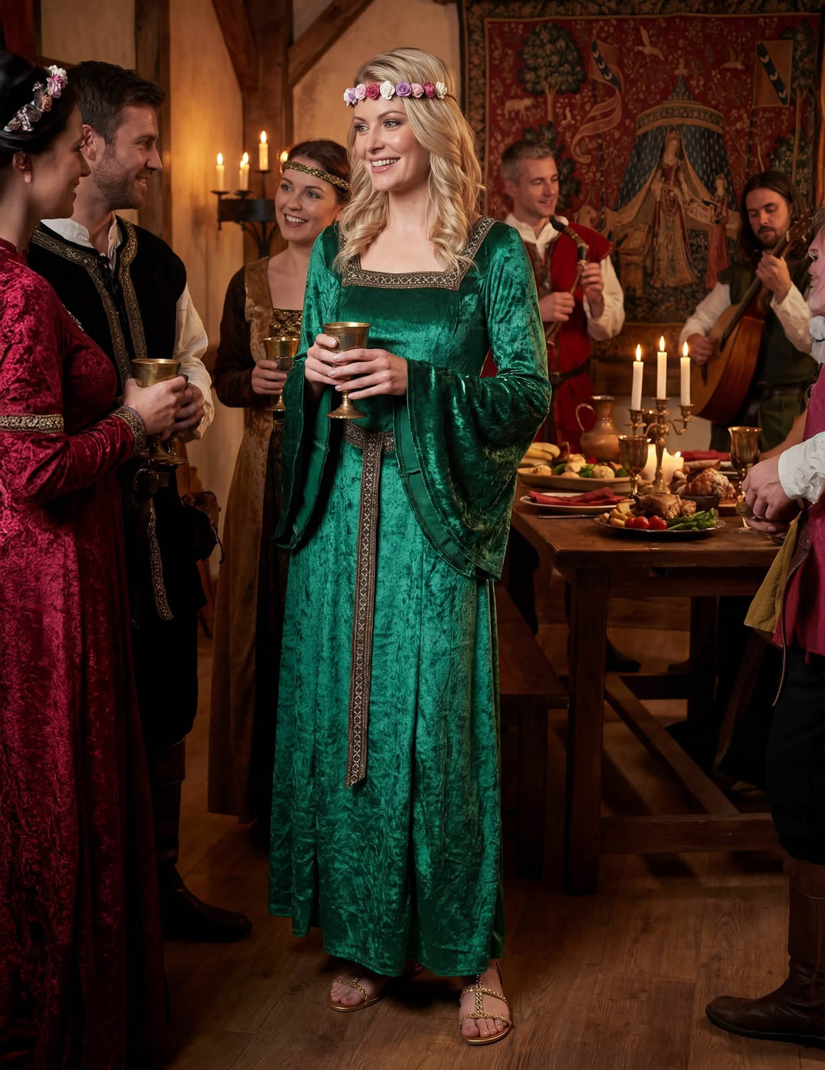 Disfarce medieval verde efeito veludo mulher