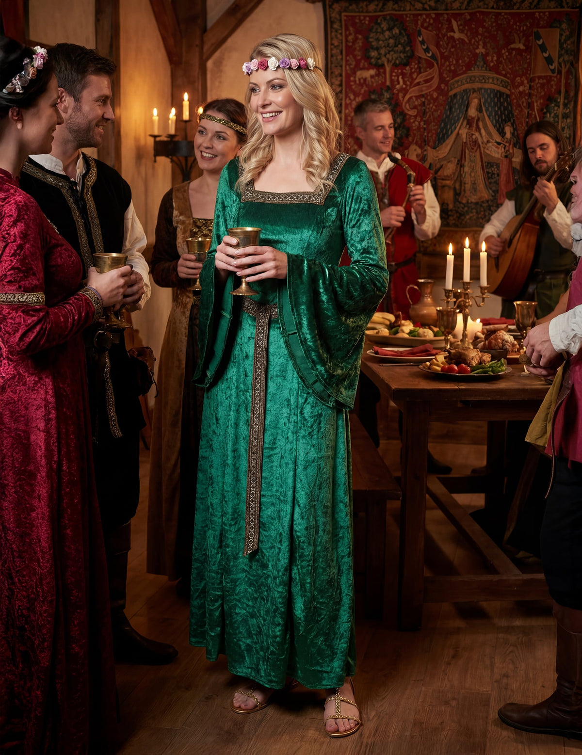 Disfarce medieval verde efeito veludo mulher