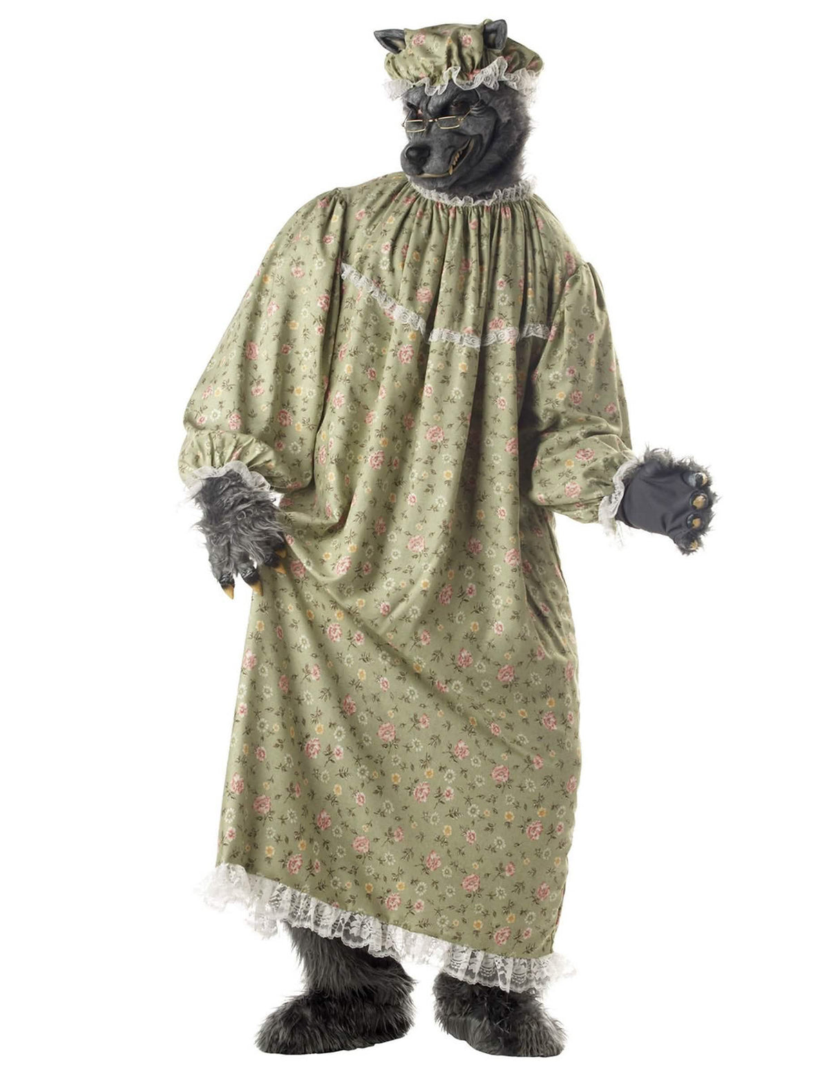Fato de lobo da avó para adulto com vestido de noite verde florido e máscara de lobo