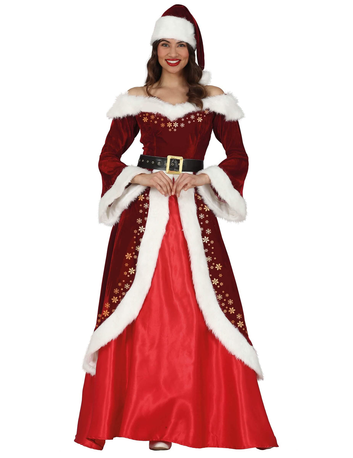 Disfarce mãe natal chique com dourados para mulher vermelho e branco com flocos dourados